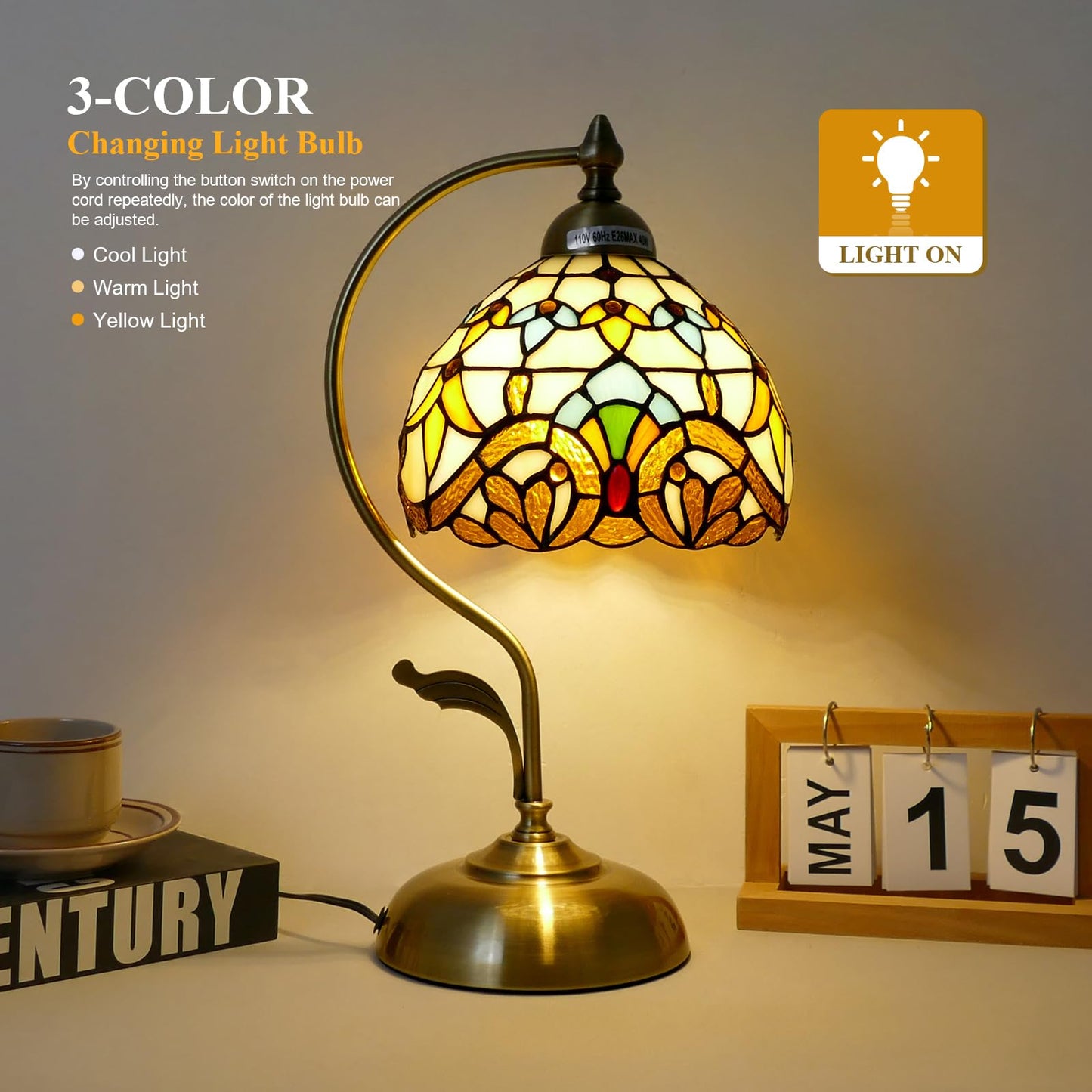 VirtueKing Tiffany Lamp Stained Glass Table Lamp Beige Baroque Style Desk Light with Metal Leaf Iron Base 8" Wide 17" Tall for Small Space Bedroom Home Office Decor