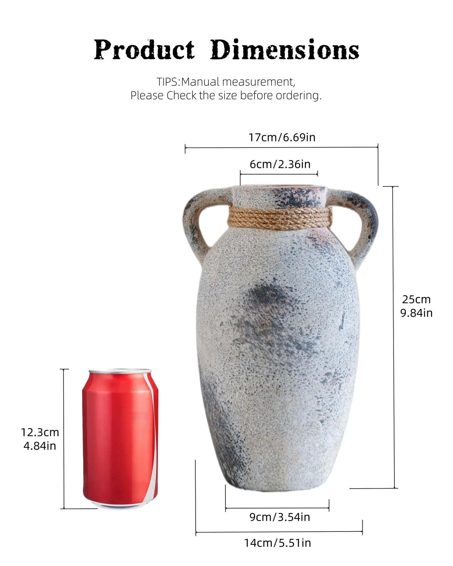XUANTGY Ceramic Flower Vase with 2 Handles,9.8 inch Large Farmhouse Rustic Terracotta Vases for Decor，Gray