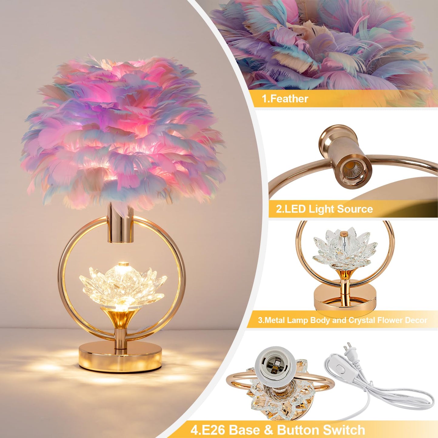 ZYLEISENBAO Colorful Feather Lamp 17IN Unique Crystal Feather Bedside Nightstand Lamp Nordic Romantic Desk Light Fluffy Table Lamp for Girl Bedroom Wedding Christmas Gift Deco Living Room Entry