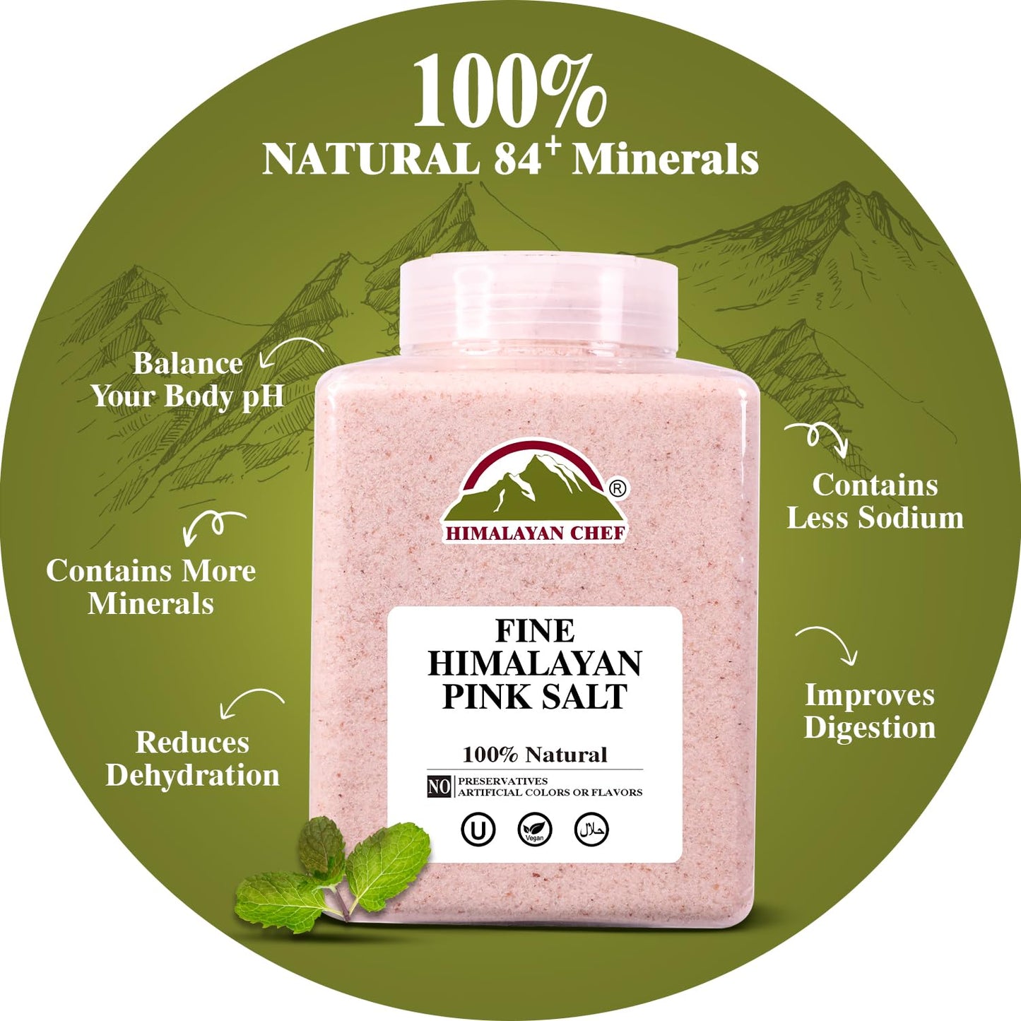 Himalayan Chef Himalayan Pink Salt - 5 lbs Fine Grain Plastic Jar - 100% Natural and Pure Gourmet Crystal - Contains 84 Essential Minerals | Kosher and Vegan Certified