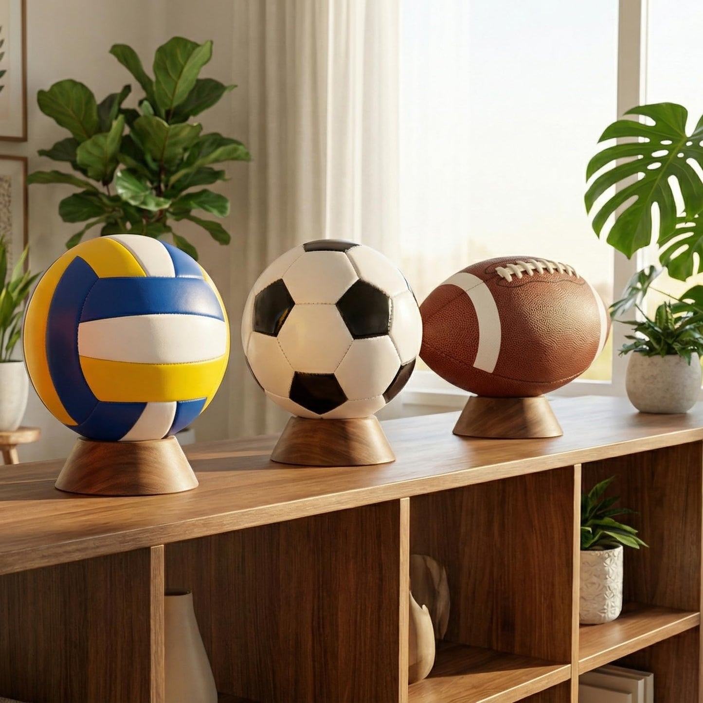 JUXYES Wooden Sphere Holder Display Stand, 3 Pack Large Wood Sport Ball Stand, Simple Round Display Easel Stands for Soccer Ball, Footballs, Baseball, Tolleyball, Basketball, Rugby