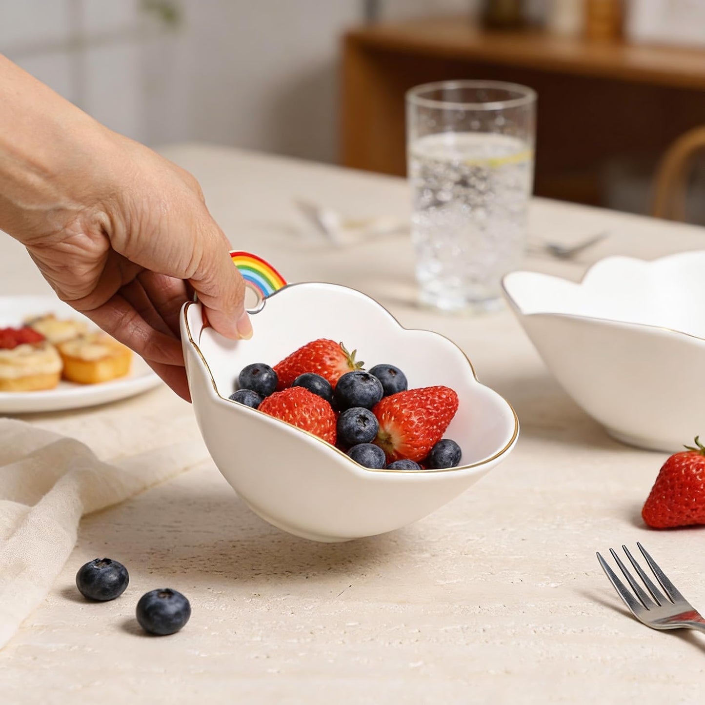 WAIT FLY Rainbow and Cloud Ceramic Salad Bowl, Dessert Bowls, Serving Bowls for Cereal Soup Snacks Appetizer-White-5.5 Inch