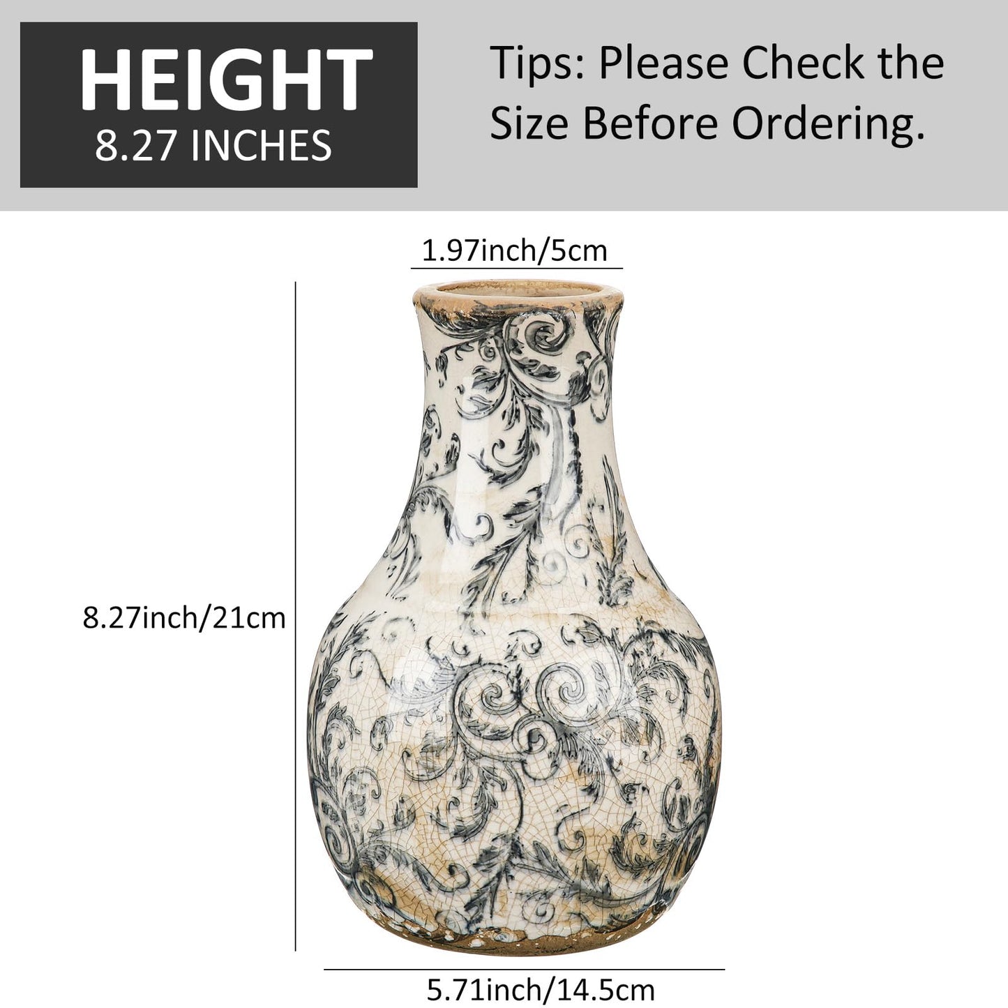 LemonRoad Vintage Ceramic Flower Vase 5.7 Inch Chinoiserie Ice Cracked Glaze Porcelain Vase Rustic Ceramic Large Centerpieces for Home Table Living Room Bookshelf Office(Vine Style)