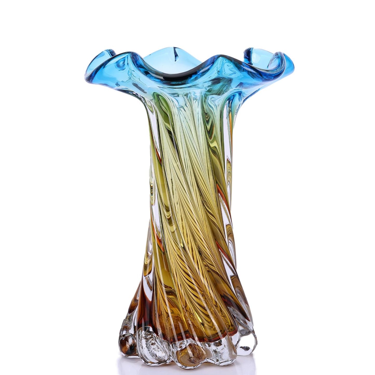 Hand Blown Glass Vase with Flower-Shaped Rim, 10.63in Spiral Swirl Blue to Golden Gradient Vase for Home Centerpiece, Coffee Table, Living Room & Independence Day Decor (S)