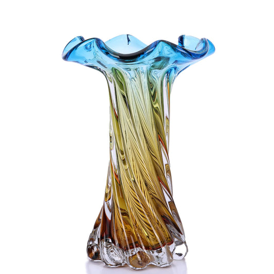 Hand Blown Glass Vase with Flower-Shaped Rim, 10.63in Spiral Swirl Blue to Golden Gradient Vase for Home Centerpiece, Coffee Table, Living Room & Independence Day Decor (S)