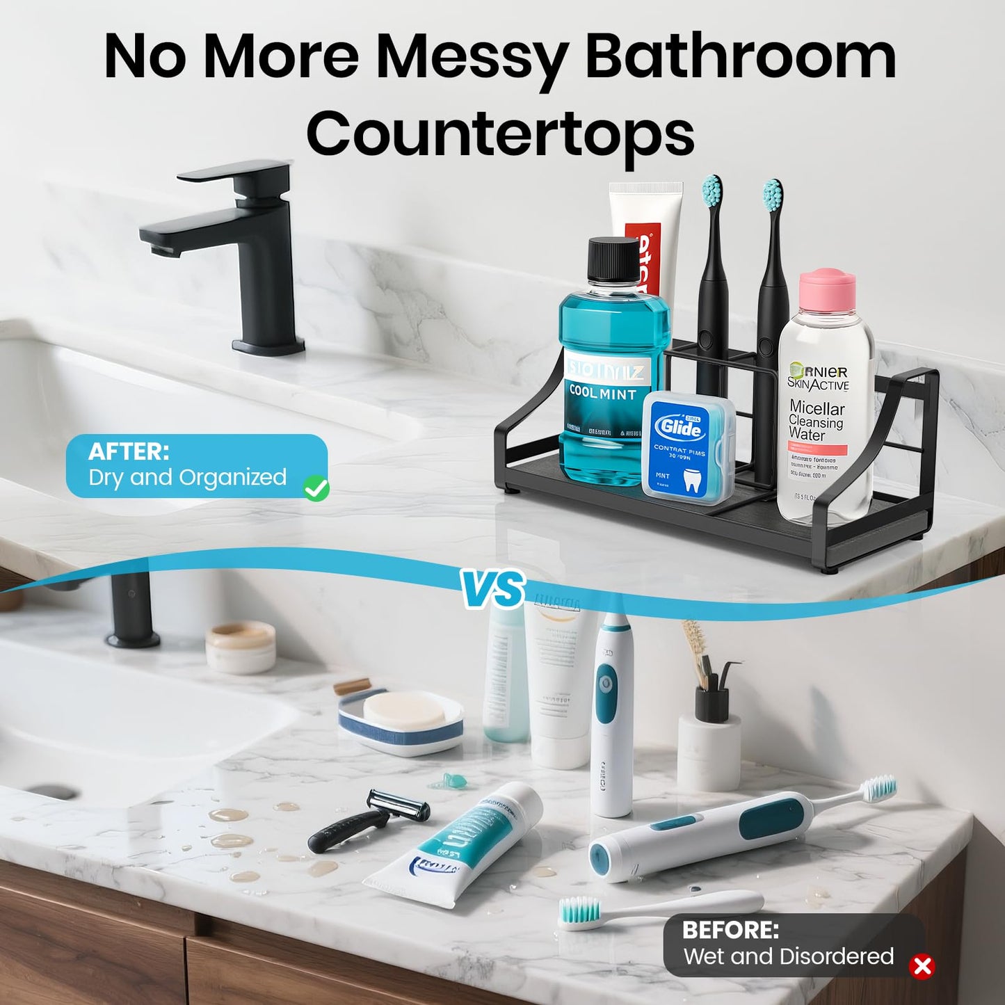 BOTEMY Toothbrush Holder with Instant Drying Stone - Bathroom Counter Organizer, Diatomite Electric Toothbrush Toothpaste Holders, Bathroom Sink Organizers and Storage,Black