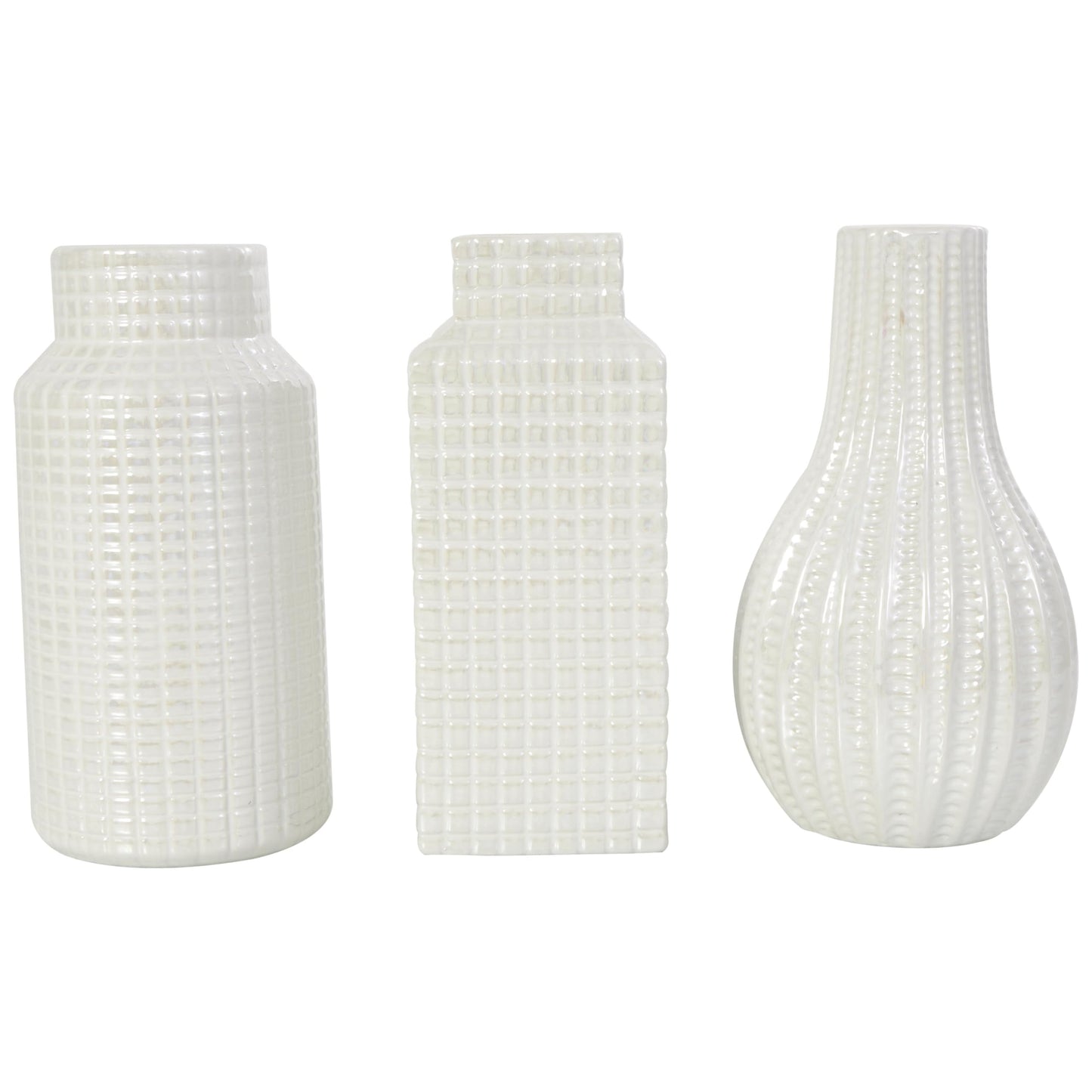 Deco 79 Ceramic Geometric Decorative Vase Dimensional Textured Centerpiece Vases with Varying Shapes and Grid Patterns, Set of 3 Flower Vases for Home Decoration 3" W, 8" H, Cream