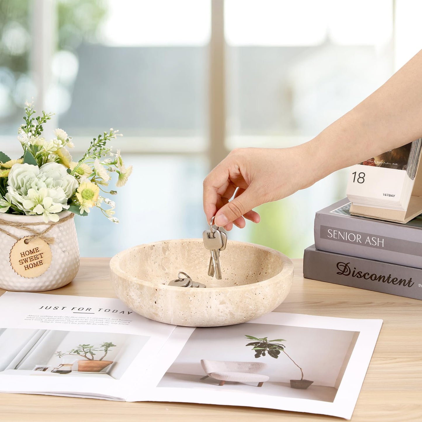 Hipiwe Key Holder for Entryway 7.9" Round Key Bowl Decorative Travertine Tray Nightstand Organizer Trays Jewelry Dish for Jewelry Ring Trinket Storage Home Decor