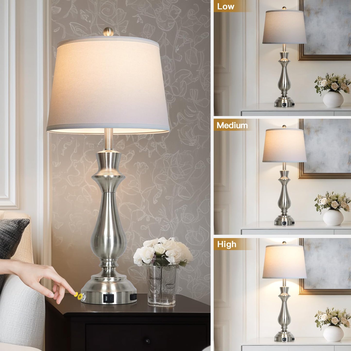 Cinkeda Silver Touch Lamps for Night Stand - 29.5" Tall Bedside Lamp with USB C+A, 3 Way Dimmable Bedroom Lamps, Brushed Nickel Table Lamps for Living Room,Single Silver