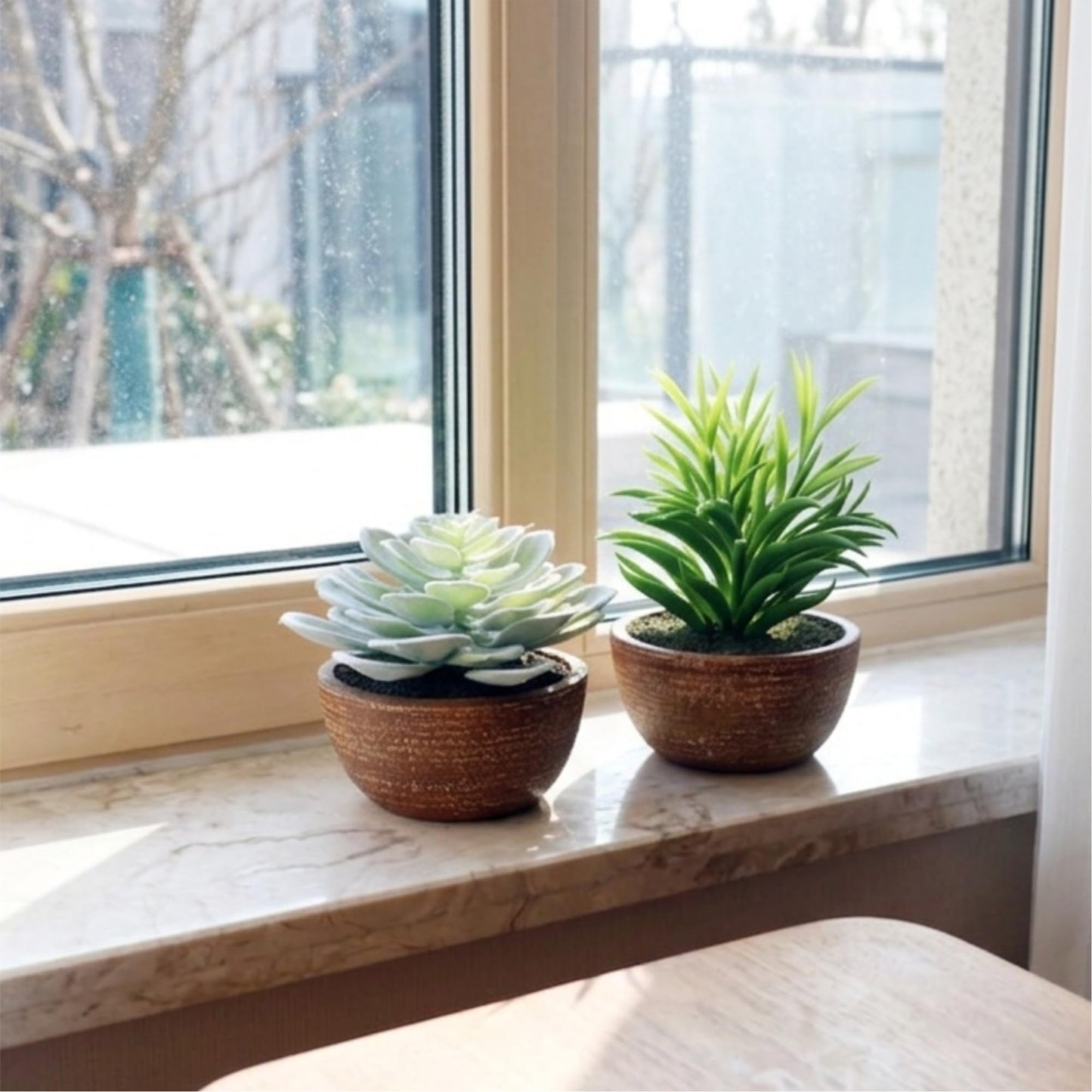 VINSUNI Artificial Succulents Plastic Artificial Green Plant for Office, Fake Succulents for Home Decoration (Set of 2 Succlents in Pots)