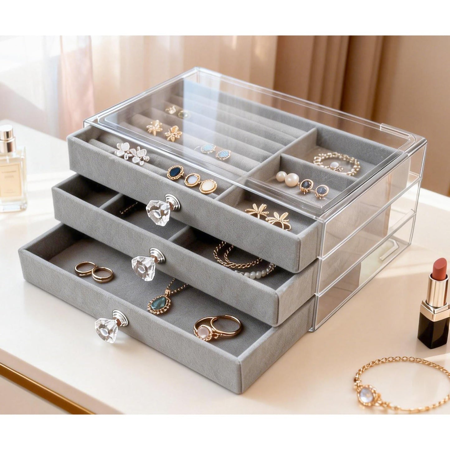 Jemjosh Clear Acrylic Velvet Jewelry Organizer with 3 Drawers, Stackable Display Storage Earrings Necklace Rings Bracelets Box Holder Case for Women, Grey