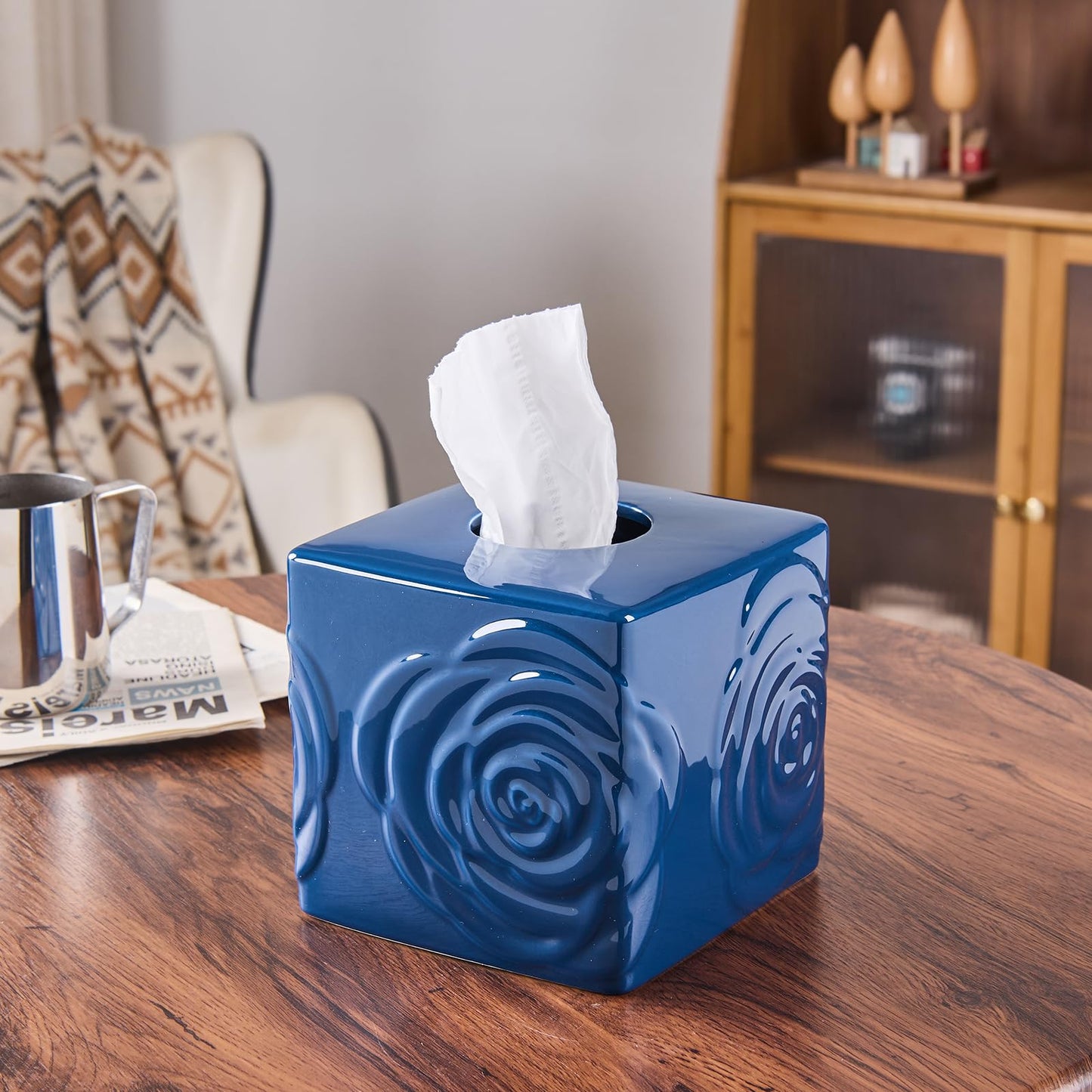 Deep Blue Ceramic Cube Tissue Box Cover with Rose – Large Elegant Rose Floral Square Decorative Tissue Box Holder for Bathroom, Bedroom, Office Desk, Kitchen Counter – Perfect Housewarming Gift
