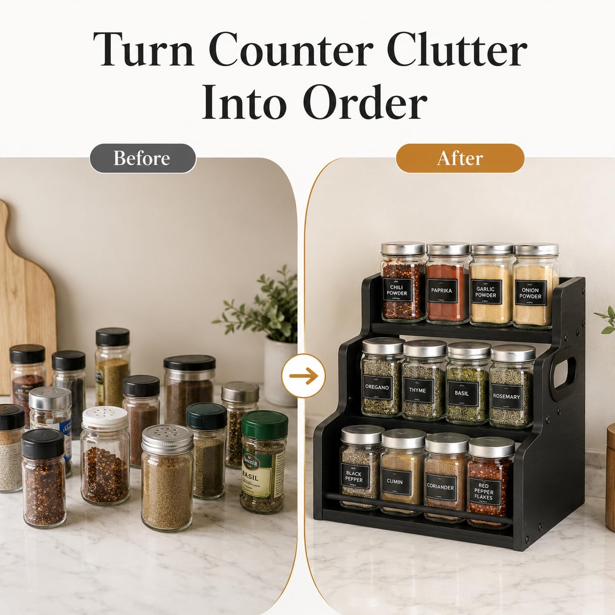 CTCKWMD 3 Tier Spice Rack Organizer for Cabinet, Wood Spice Shelf Storage, Kitchen Seasoning Organizer for Kitchen Countertop or Pantry, Spice Bottles, Bottles, Black