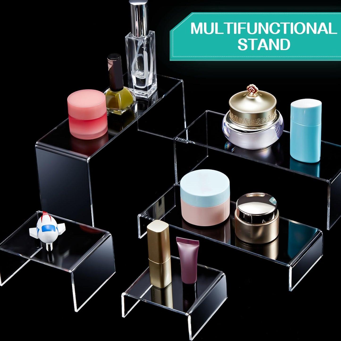 Tuanse 4 Set Acrylic Display Risers - Medium & Large Clear Rectangular Display Stand Shelf for Organizing Cupcake, Figure, Jewelry & Collectibles