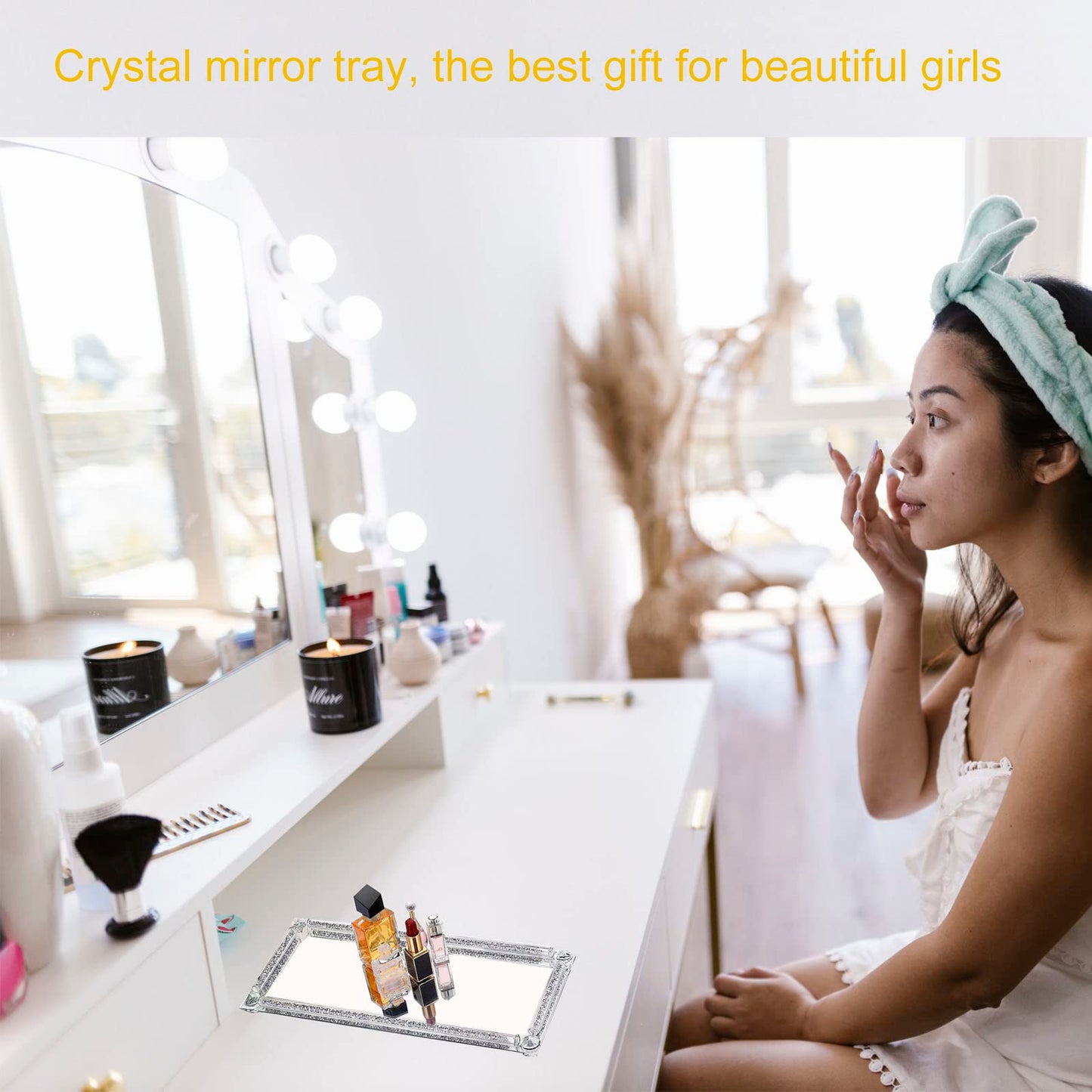 Crystal Glass Serving Tray, Crushed Diamond Filled Modern Glass Mirror Jewelry Trinket Tray, 13.7" x 5.9" Rectangular Makeup Perfume Tray for Bedroom Dresser, Home Decor, Banquet,Party(Silver)