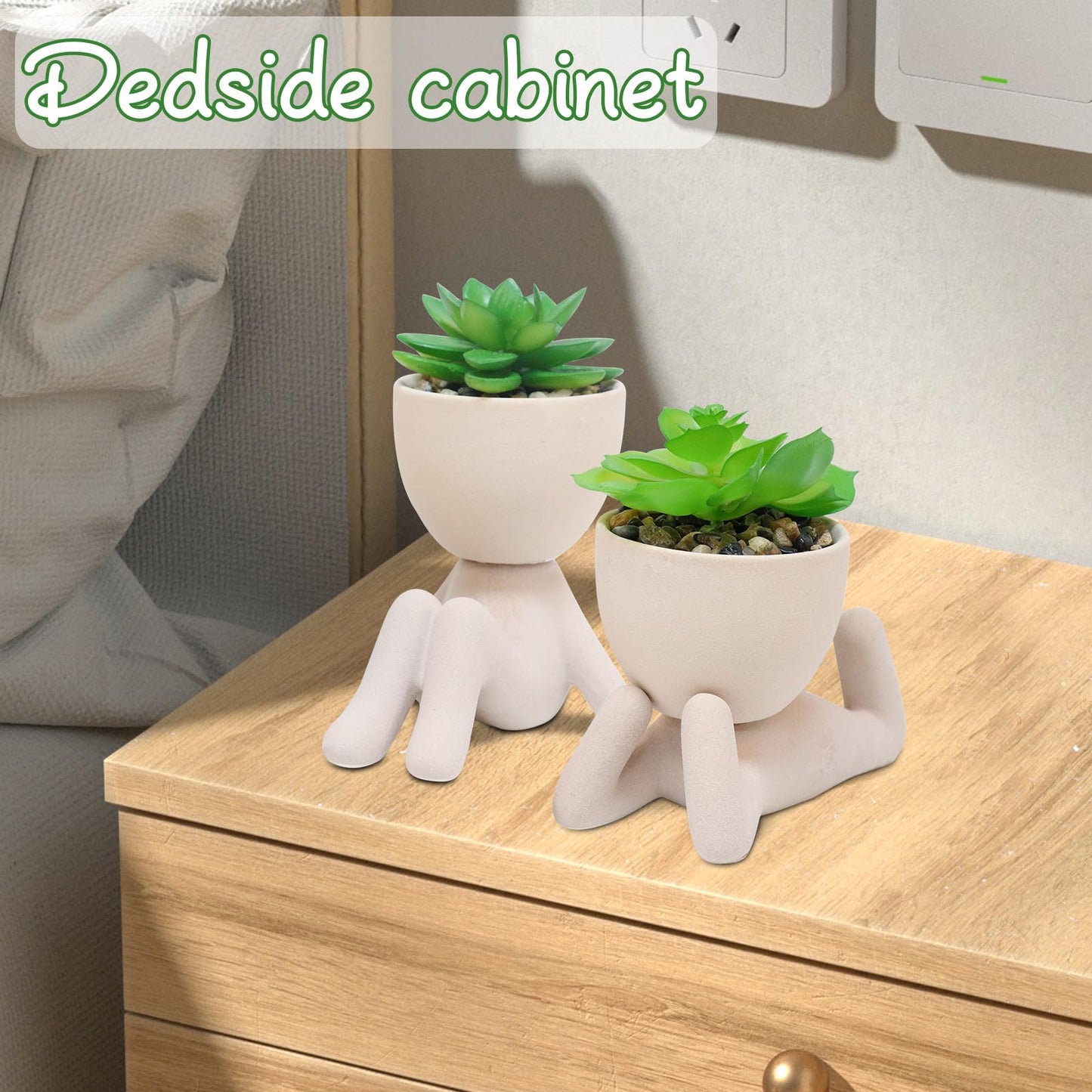 Zerzsy 3pcs Creative Artificial Succulents with Gray Flower Pots Bundle with 2PCS Cute Artificial Succulent Plants with Creative Human Shaped Pots