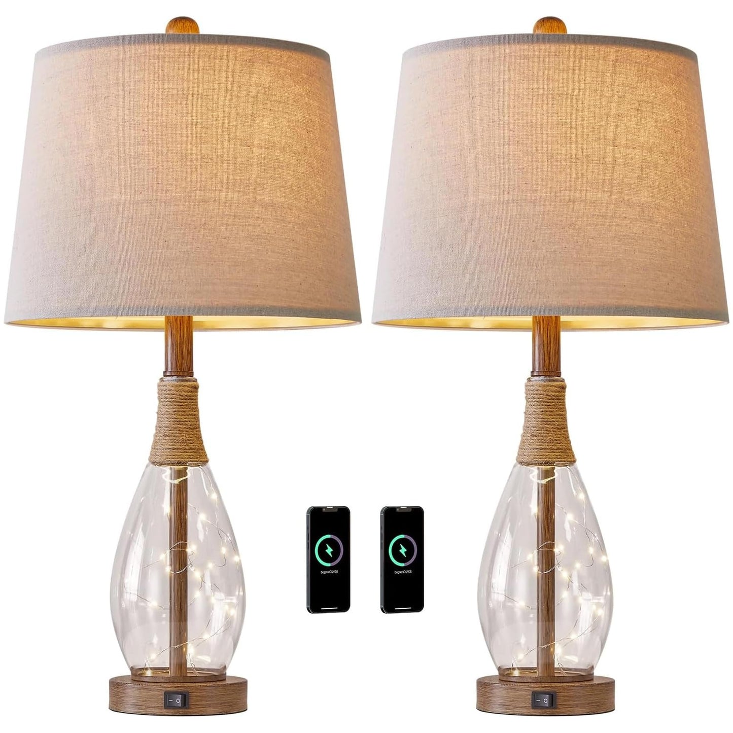 OYEARS Bedside Table Lamps Set of 2 with USB, Modern Bedside Lamps Retro Farmhouse Rattan Glass Nightstand Nightlight Lamps for Bedroom Living Room Dorm,Two Light Points
