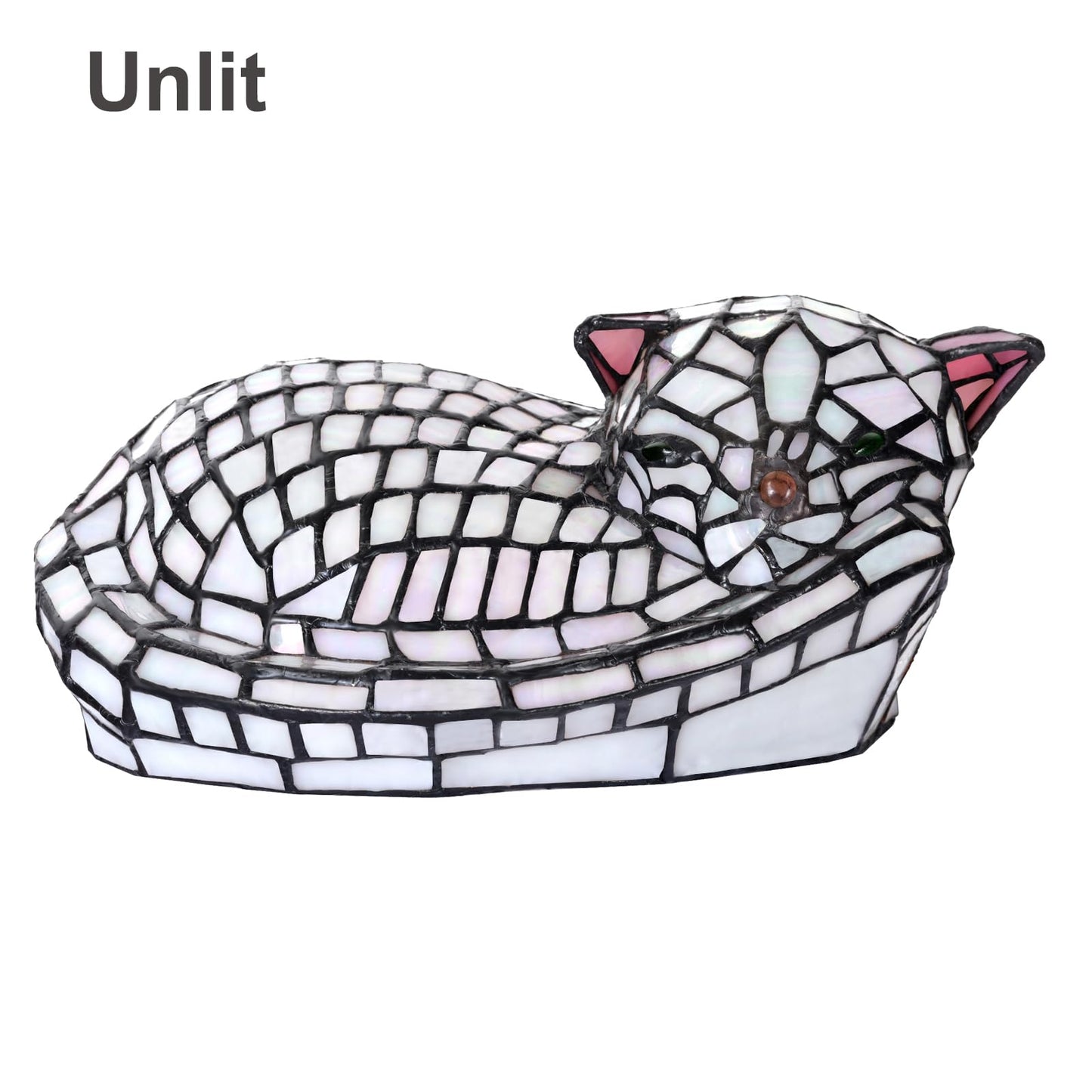 HomeBeauty A0013 Cute Sleeping Cat Tiffany Style Table Lamp, 11.5" L x 7.125" W x 5.5" H, Handmade Stained Glass Night Light for Livingroom Bedroom Home Decoration, LED Bulb Included (Sleeping Cat)