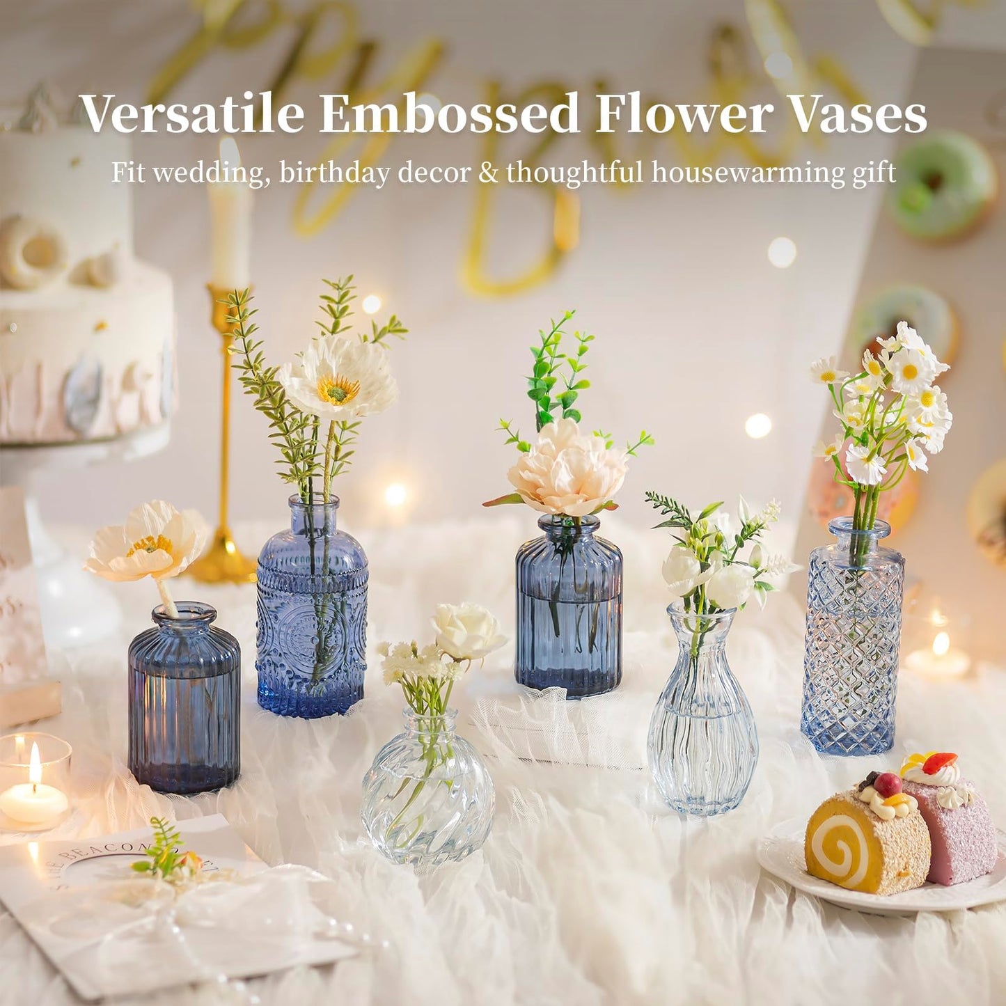 Glasseam Glass Bud Vases for Centerpieces, Vintage Embossed Small Vases