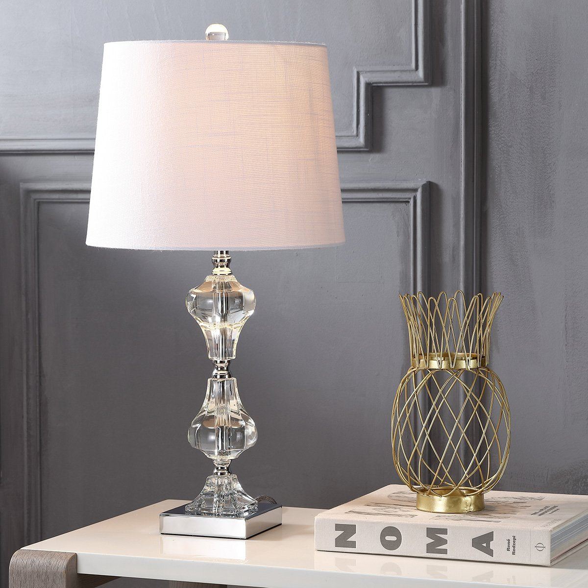 JONATHAN Y 26" Clear Crystal Column Table Lamp, Glam Transitional Chrome Metal Lamp with White Linen Shade for Living Room Bedroom Nightstand, LED Bulb Included JYL2038A