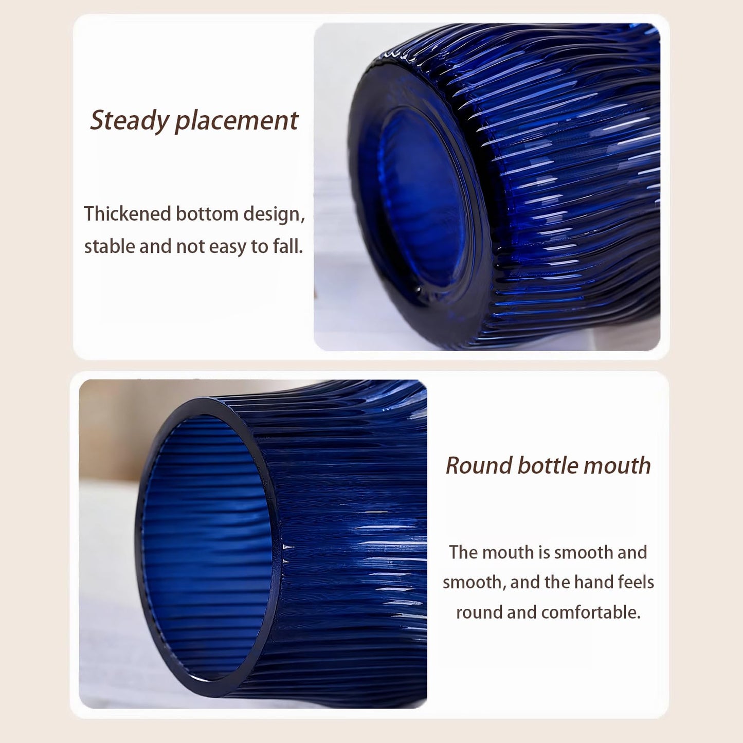 HELAIMAY Blue Ribbed Glass Flower Vase, Irregular Shaped Modern Minimalist Glass Vase, Flower Vase for Centerpieces and Home Decor, 8.6 Inches, 1 Piece