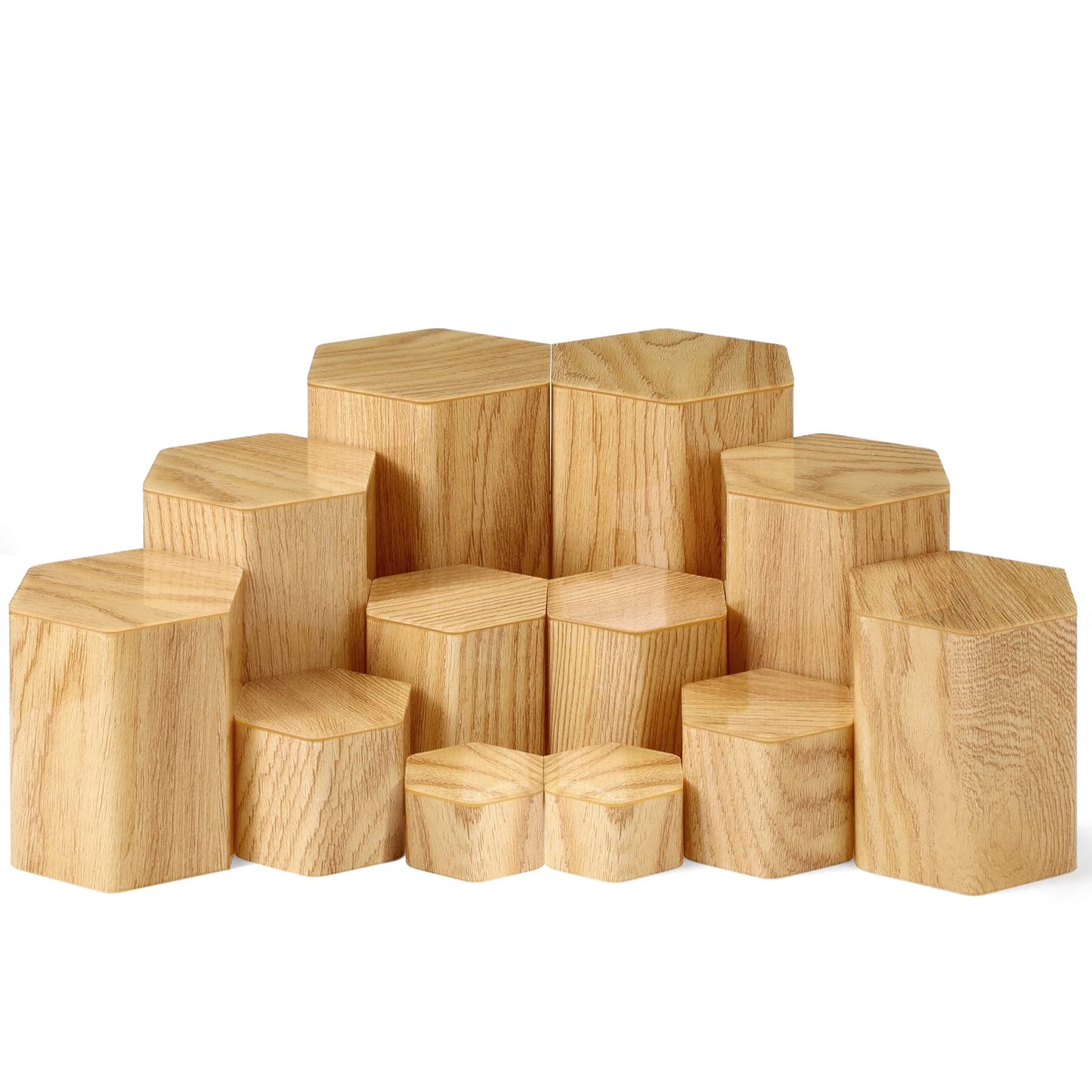 Jetec 12 Pcs Hexagonal Jewelry Display Risers Hexagonal Market Display Risers Stands Acrylic Showcase Acrylic Stand for Jewelry Model Figures Decoration, 6 Sizes (Woodgrain)