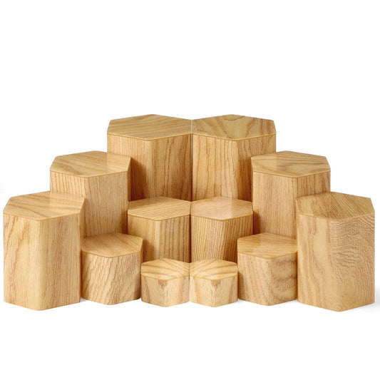 Jetec 12 Pcs Hexagonal Jewelry Display Risers Hexagonal Market Display Risers Stands Acrylic Showcase Acrylic Stand for Jewelry Model Figures Decoration, 6 Sizes (Woodgrain)
