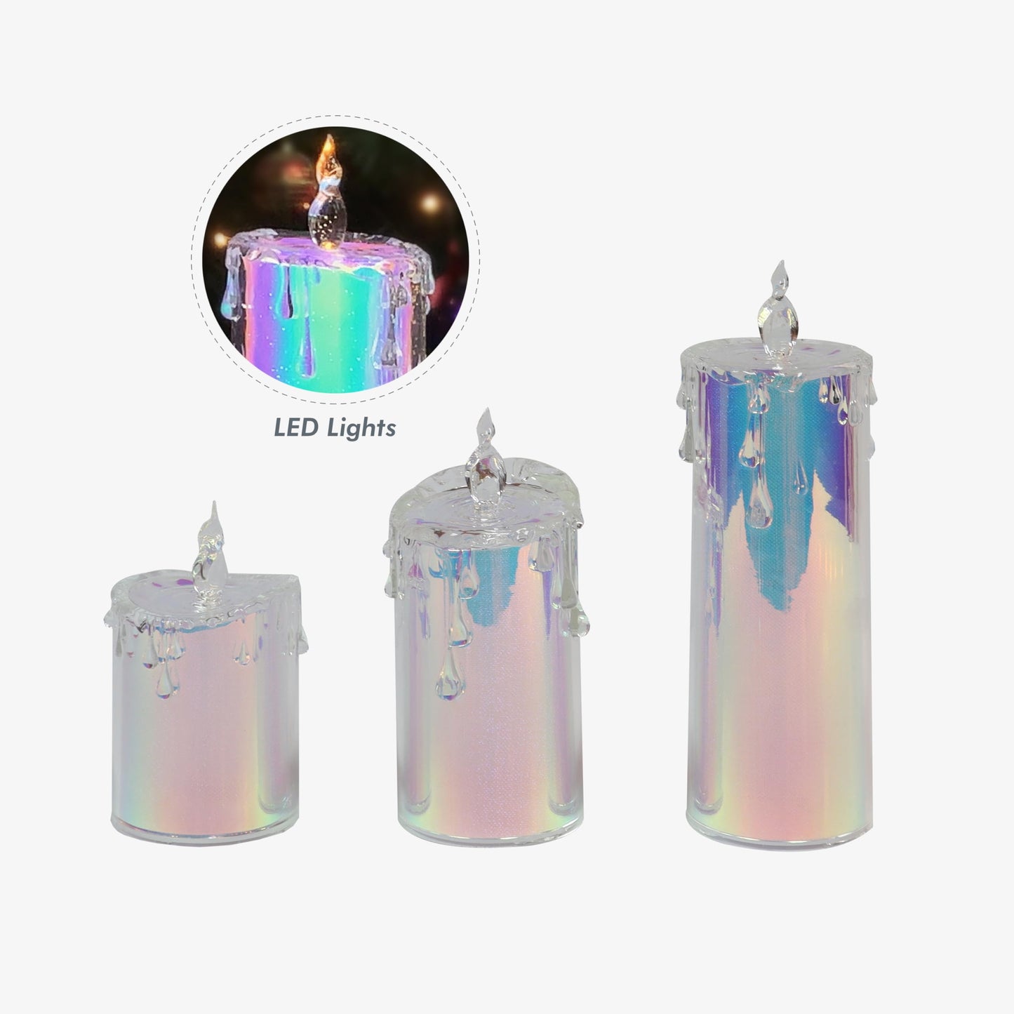 MOMENTS IN TIME 3-Piece Holographic LED Flameless Candle Set Glittering Acrylic Pillar with Realistic Dripping Wax and Flame Effect Home décor. Sizes: 5.5” 7” 9.5” (Batteries not Included)
