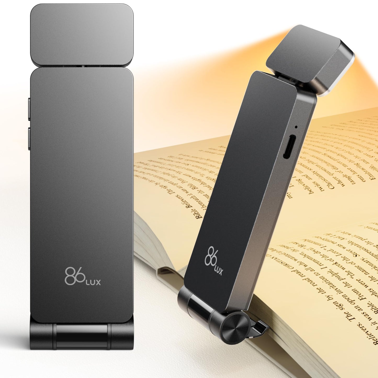 86lux Book Light, Rechargeable Reading Lights for Books in Bed, Ultralight Clip-on LED Bookmark Lamp with 3 Amber Colors & Stepless Dimming for Night Reading for Book Lovers, Kids, Ashen