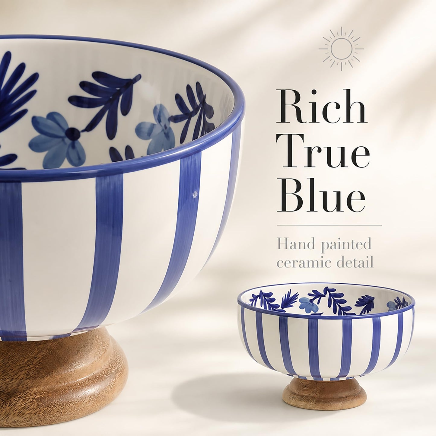 Mud Pie Blue Ceramic and Wood Pedestal Bowl