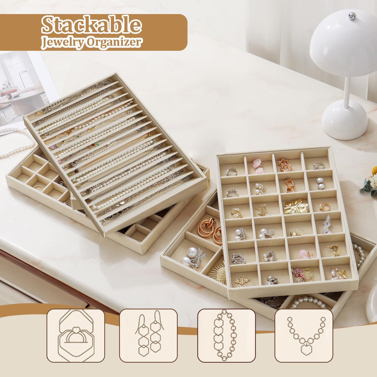 KATISYIO Large Jewelry Drawer Organizer Trays Set of 4, Stackable Velvet Jewelry Trays Organizer Holder Display Storage Showcase for Earring Necklace Bracelet Ring Accessary (Beige, 12+17+24+48 Grids)