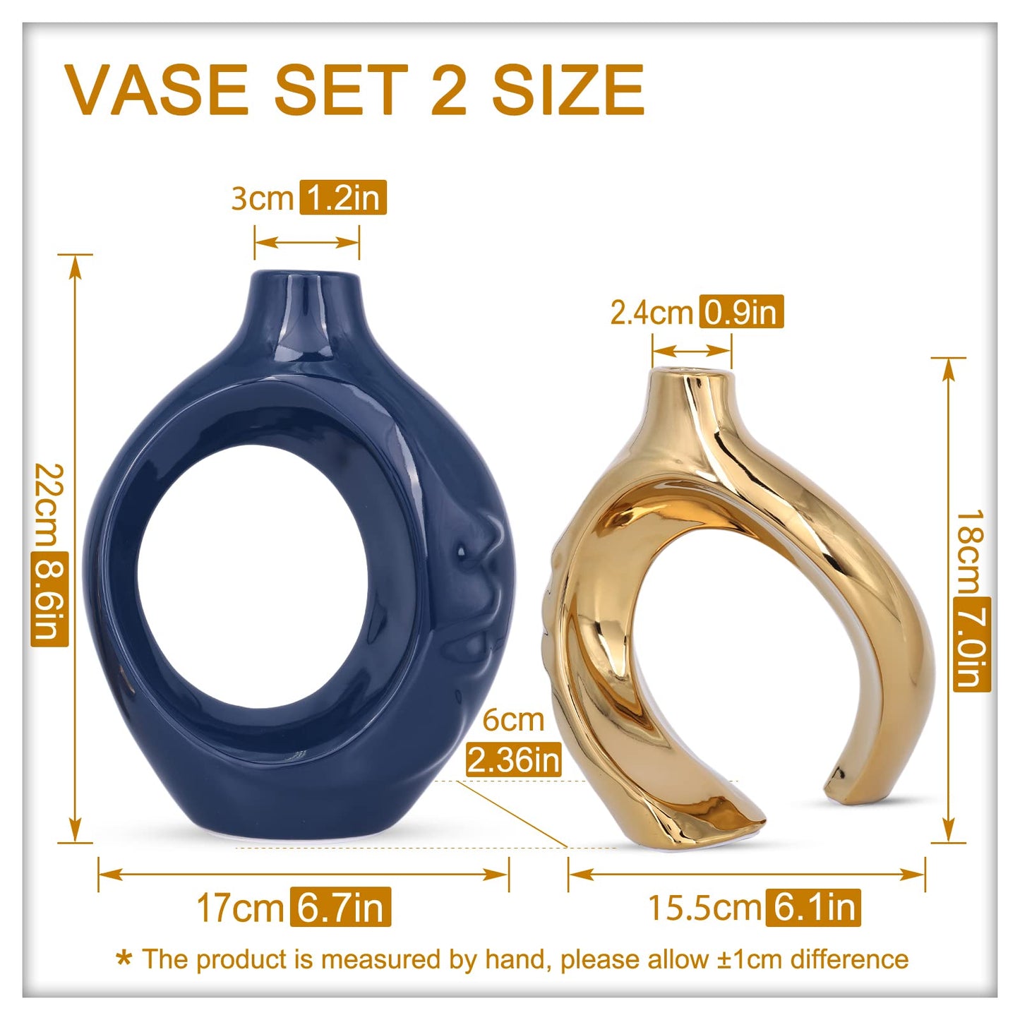 oliruim Navy Blue Home Decor Ceramic Vase, Navy Blue Gold Round Vase with Holes Set of 2, Suitable for Wedding Entrance Decoration, Bookshelf, Mantel, Unique Home Decor (Blue Gold)