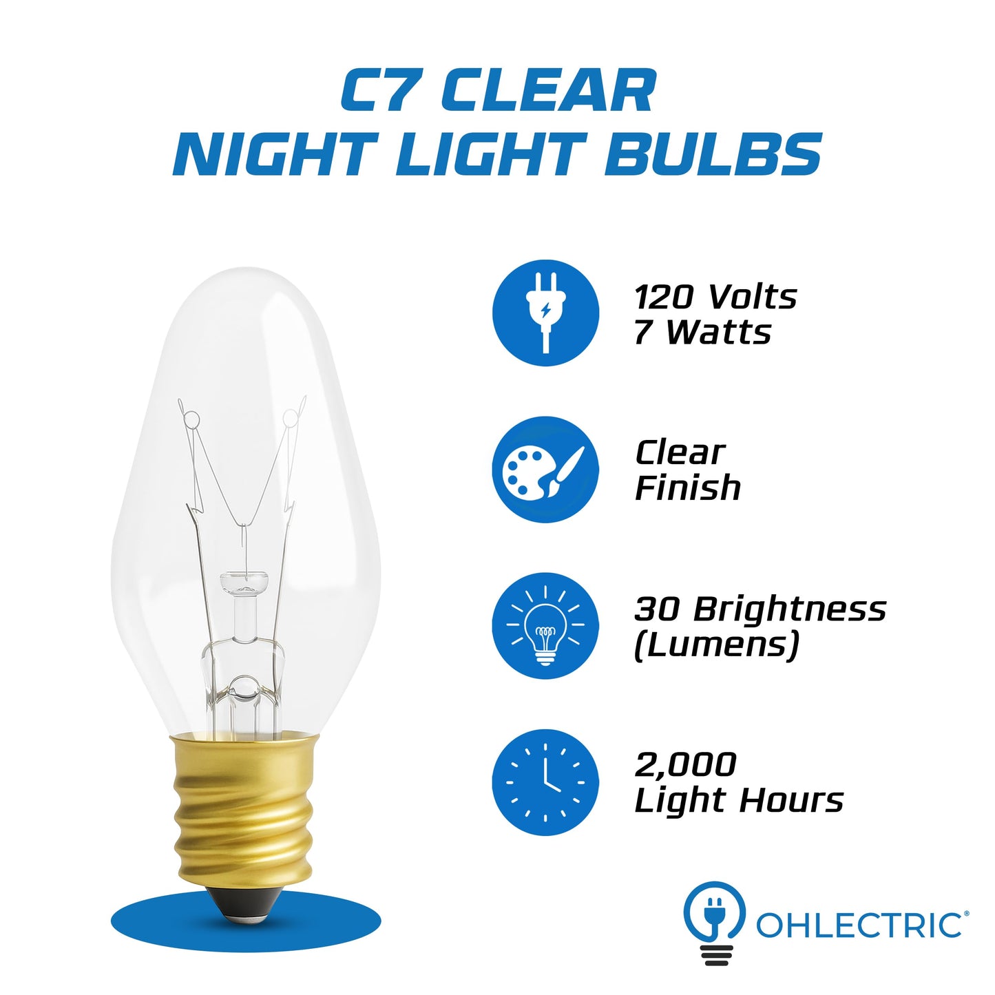 OHLECTRIC Night Light Bulbs - 7 Watt Mini Bulbs – E12 Candelabra Base, Non-Dimmable, 120 Volts – C7 Night Light Lamp Replacement Bulb for Salt Lamps, Window Candles, Holiday Decor (4, Clear)