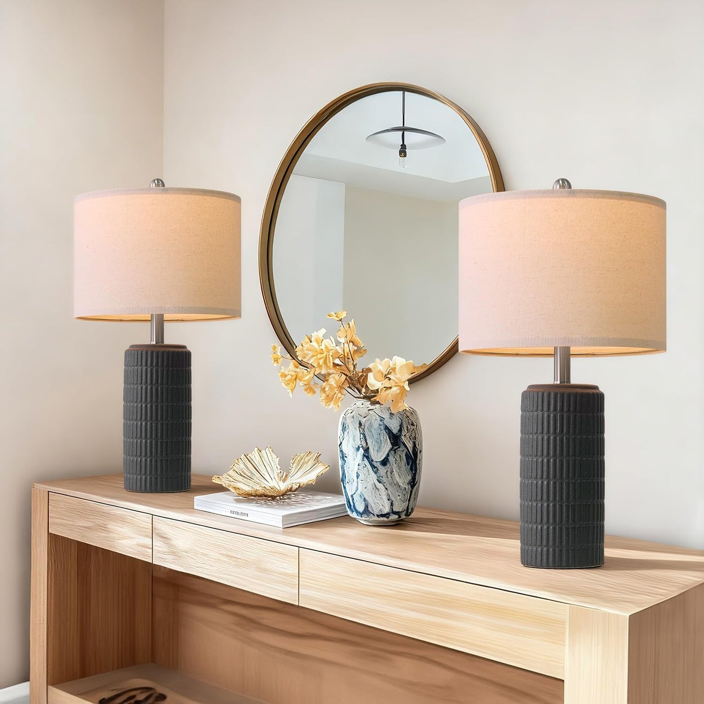 PoKat 23" Matte-Textured Ceramic Table Lamps Set of 2 for Bedroom, Stone-Like Modern Bedside Lamps for Night Stands, Farmhouse Nightstand Table Lamps Decor for Living Room End Table Black