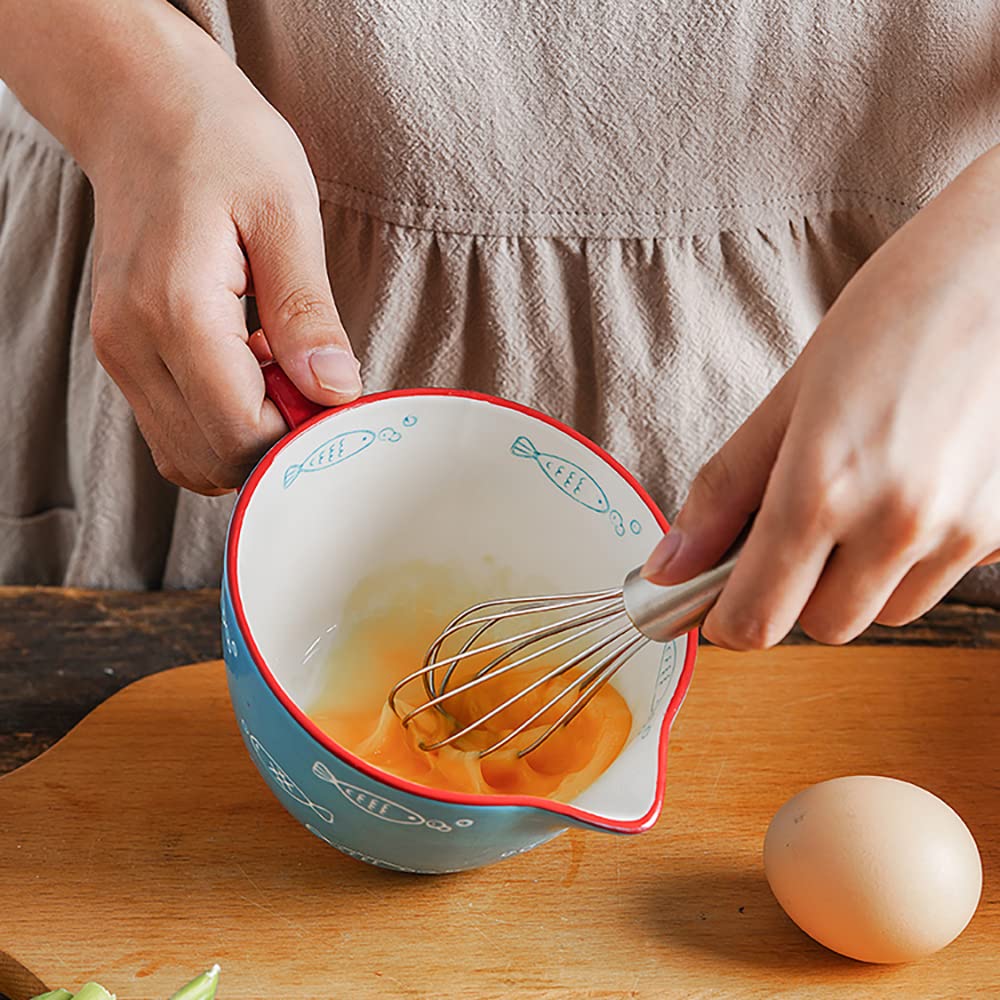 Gaolinci Blue Fish Pattern Kitchen Ceramic Mixing Bowl, 1 Quart Large Bowl, with Pouring Spout and Handle