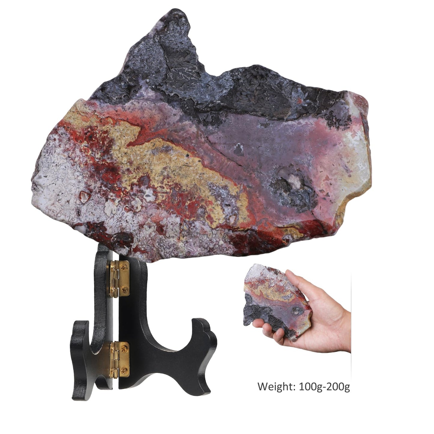 Rockcloud Natural Mexican Agate Slab with Wooden Stand, Irregular Agate Slice Specimen for Home Office Table Display, 0.22-0.44 lb