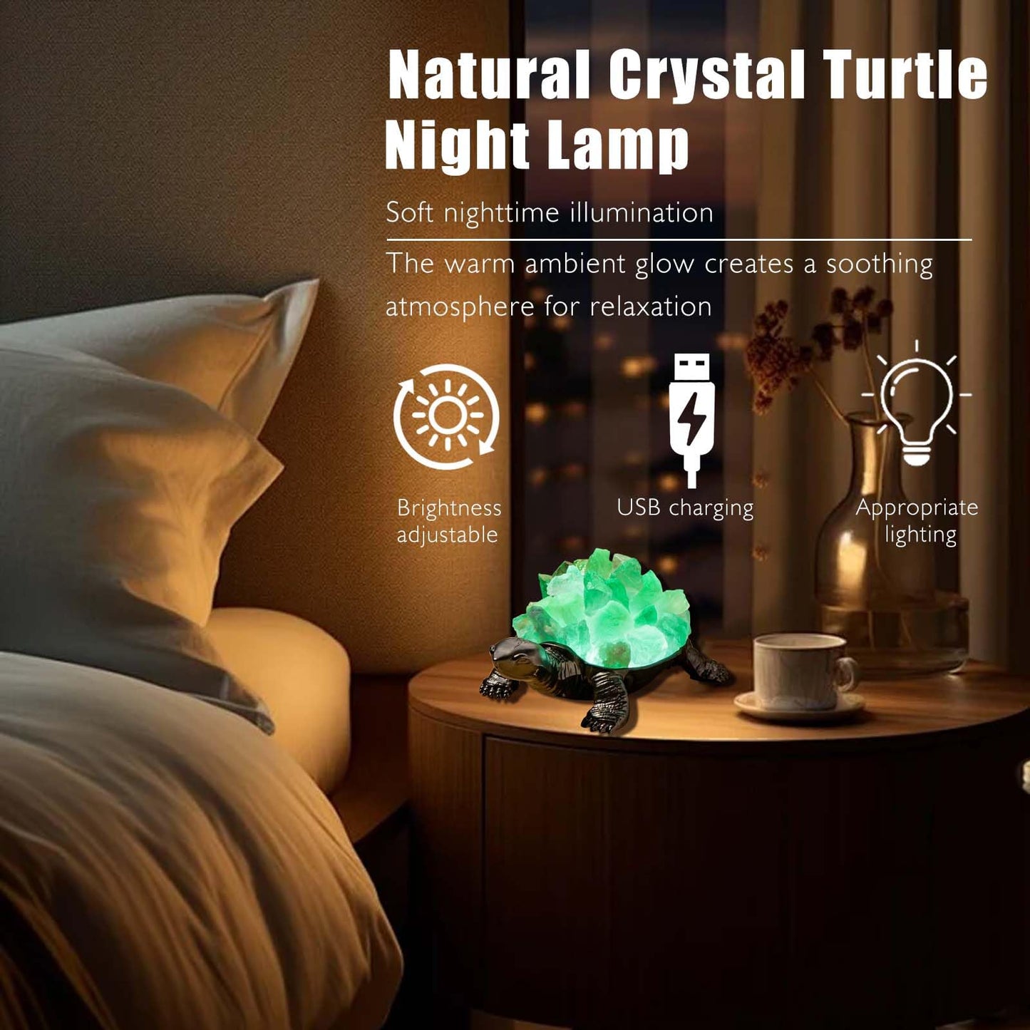 Runyangshi Natural Green Fluorite Turtle Night Lamp Healing Crystal Bedroom Bedside Table Lamp USB Port Home Decoration Women Men Decor Gift