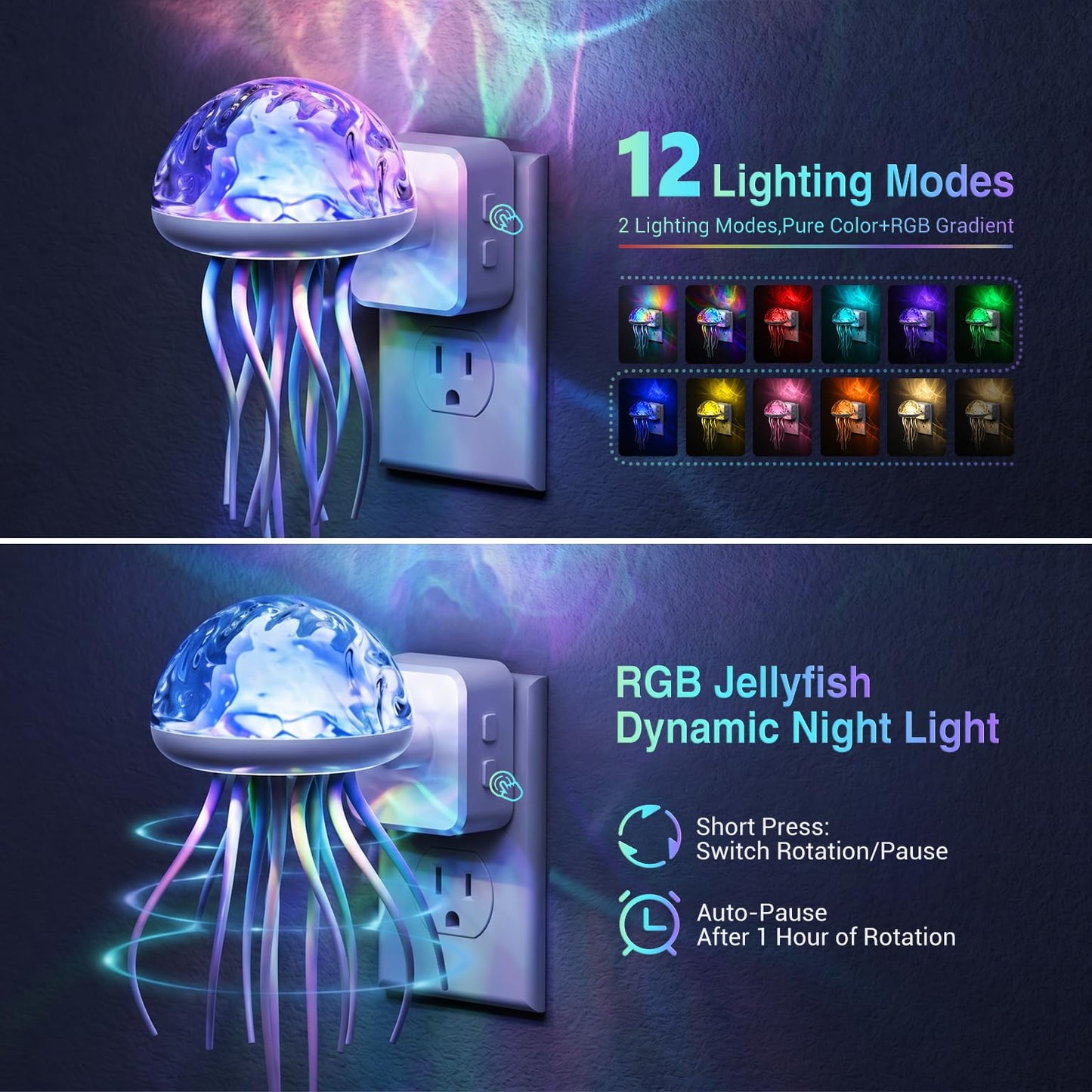 JandCase Night Lights Plug Into Wall, Jellyfish Projector Night Lights, 180° Dynamic Rotating Jellyfish Lamp with Dusk to Dawn Sensor, for Adults Teen Girl Gifts Decor Aesthetic