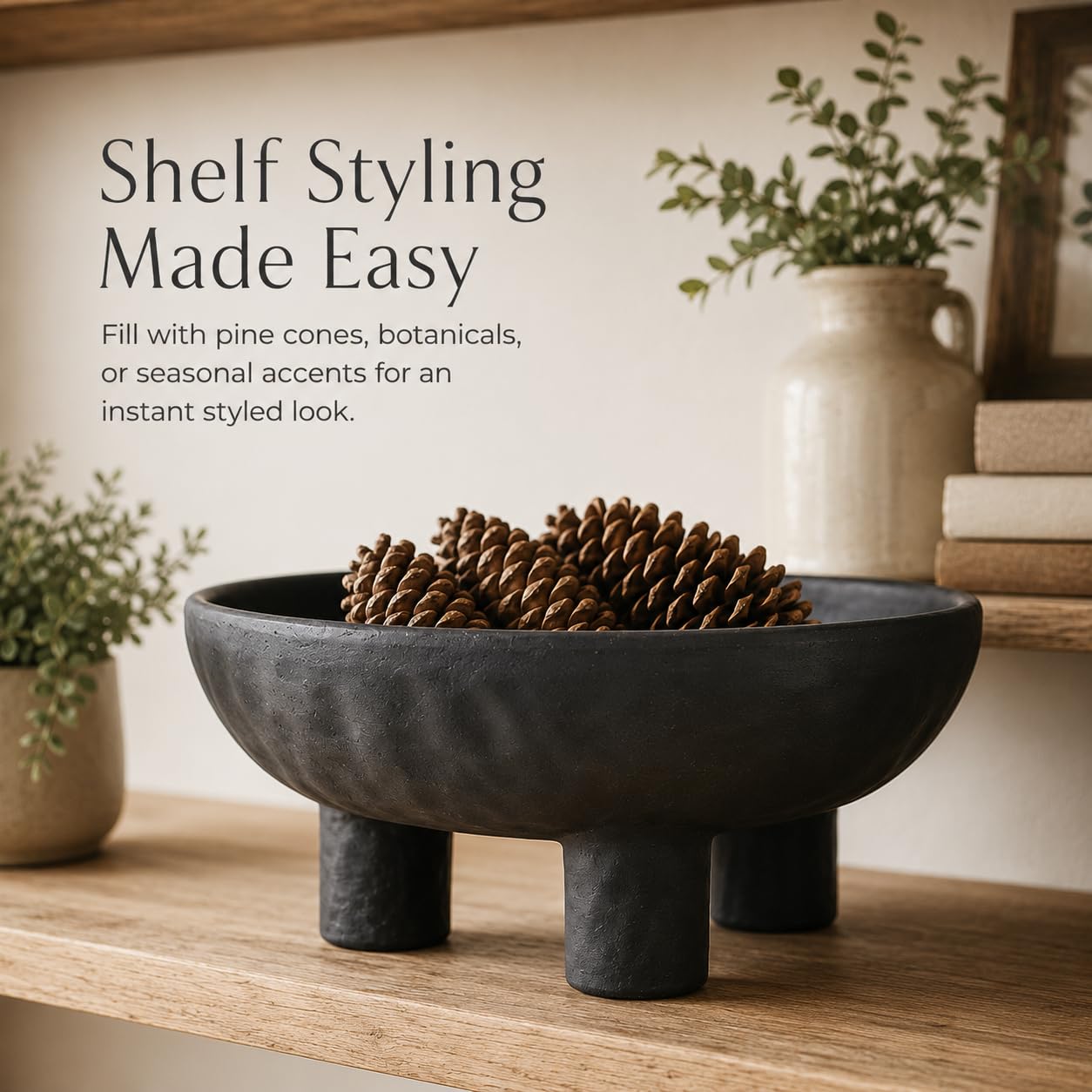 Parlamain Black Concrete Decorative Bowl, 12 Inch Large Footed Bowl for Home Decor, Heavyweight Pedestal Bowl, Matte Black Centerpiece Bowl for Coffee Table, Shelf, Console, Entryway, Outdoor Styling