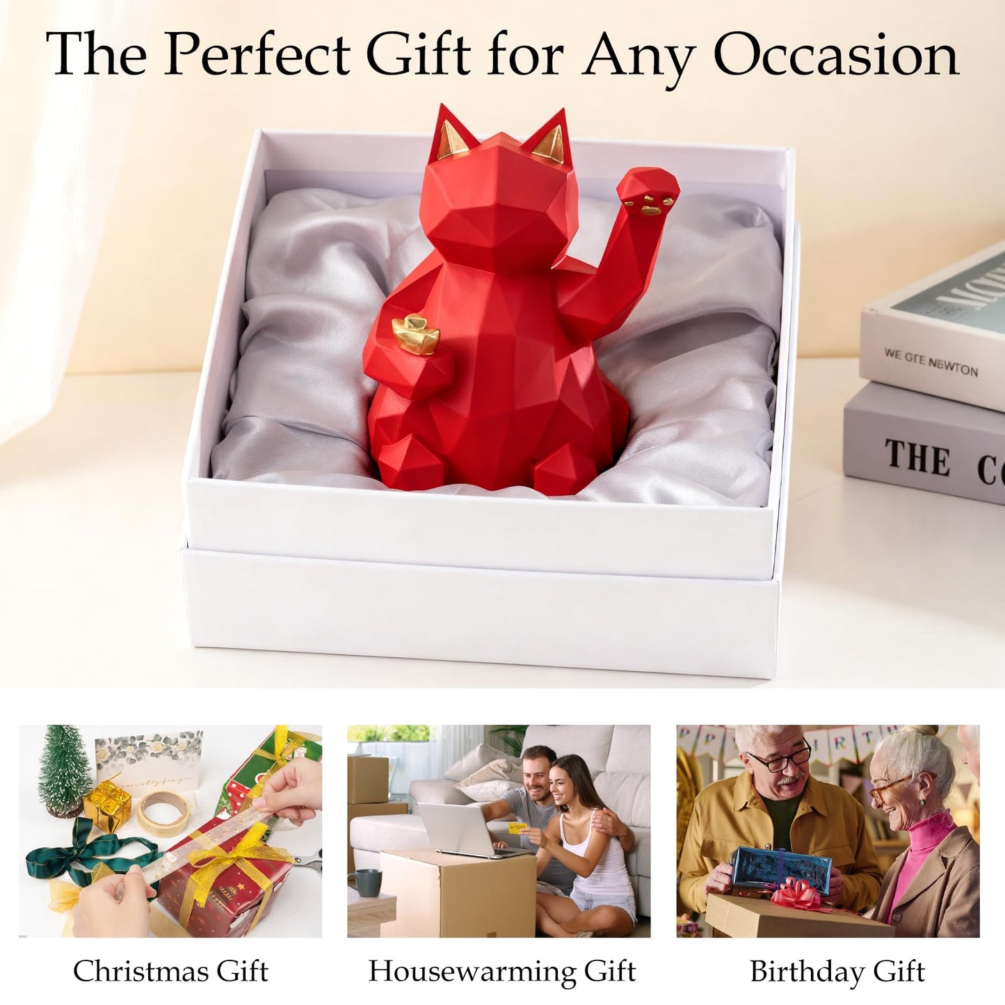 Milnnie Geometric Lucky Cat Figurine 4"x5"x6" – Resin Maneki Neko Feng Shui Decor, Modern Fortune Cat Sculpture for Living Room, Office, Desktop, Bar Cabinet (White)