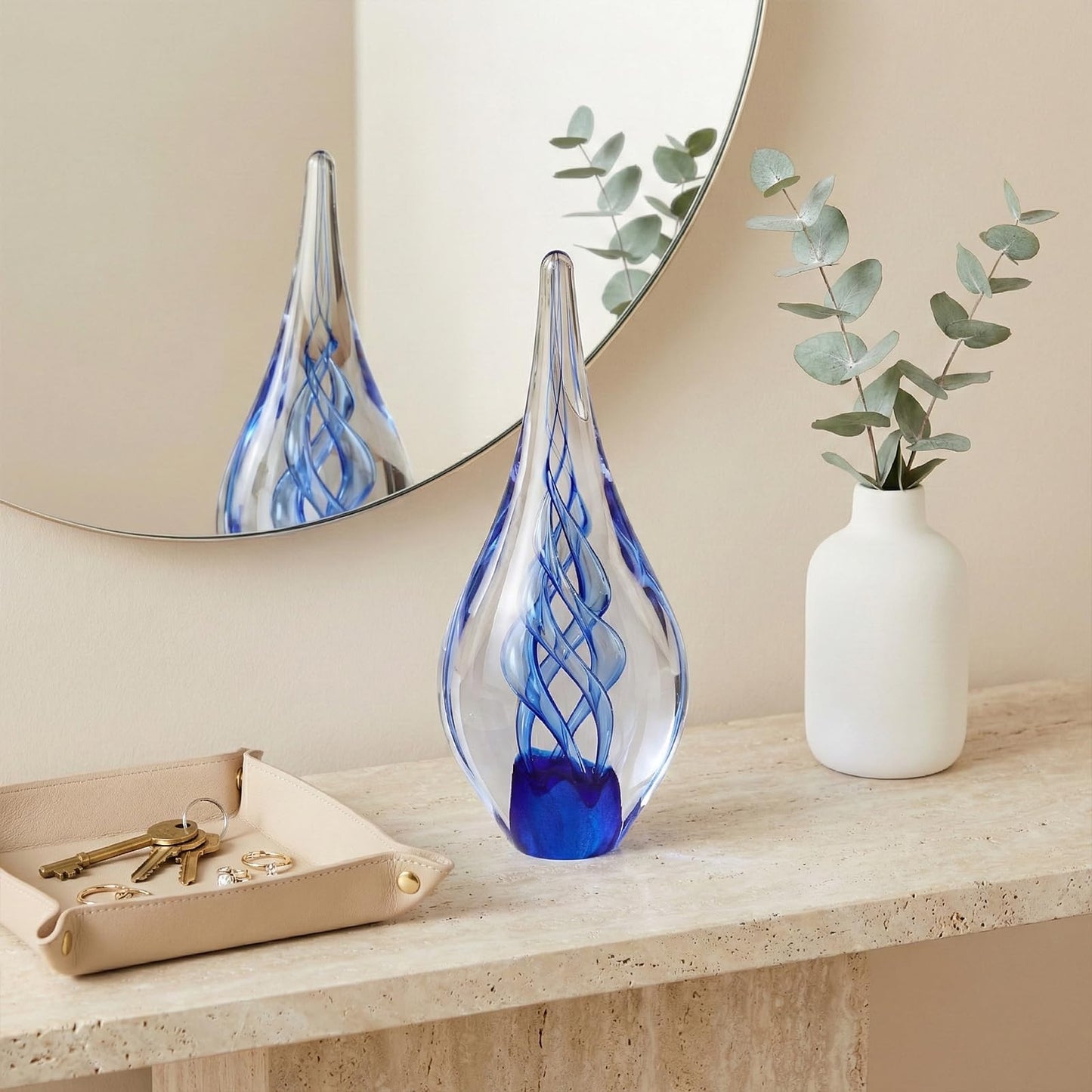 GrivSheen Hand Blown Glass Sculpture, Murano Style Decor, Blue Glass Art Collection Figurines, Teardrop Decorative Statue for Office Shelf, Unique Teardrop Sculpture Paperweight, Beach Room Decor