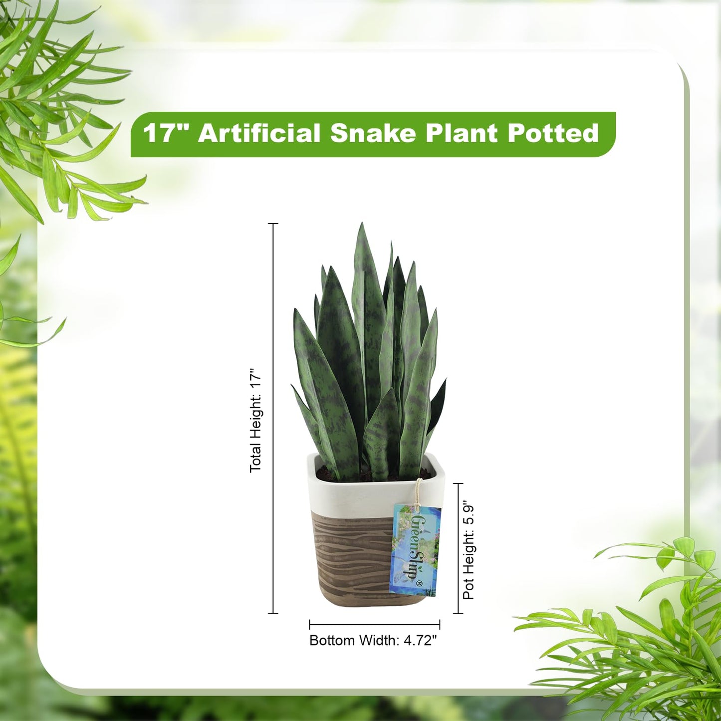 GreenShip 17 inch Artificial Snake Plant with Decorative Two-Tone Pot