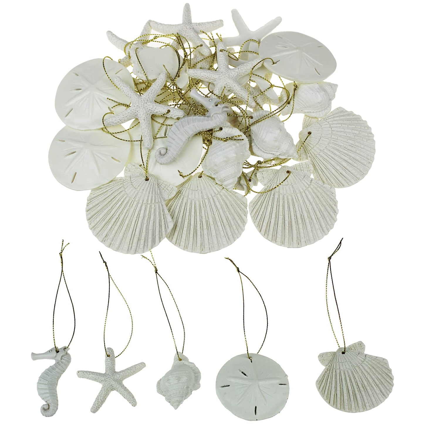 30 Pieces Resin Starfish Seahorse Sanddollar Conch & Seashells Set with Rope for Christmas Tree Hanging Ornaments Beach Theme Wedding Home Decor & DIY Crafts (Beige)