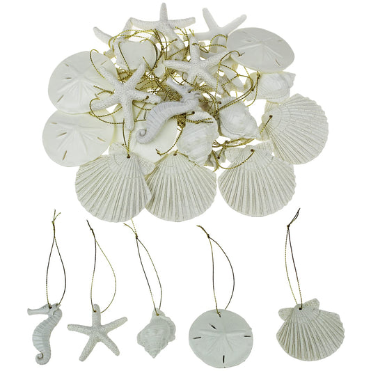 30 Pieces Resin Starfish Seahorse Sanddollar Conch & Seashells Set with Rope for Christmas Tree Hanging Ornaments Beach Theme Wedding Home Decor & DIY Crafts (Beige)