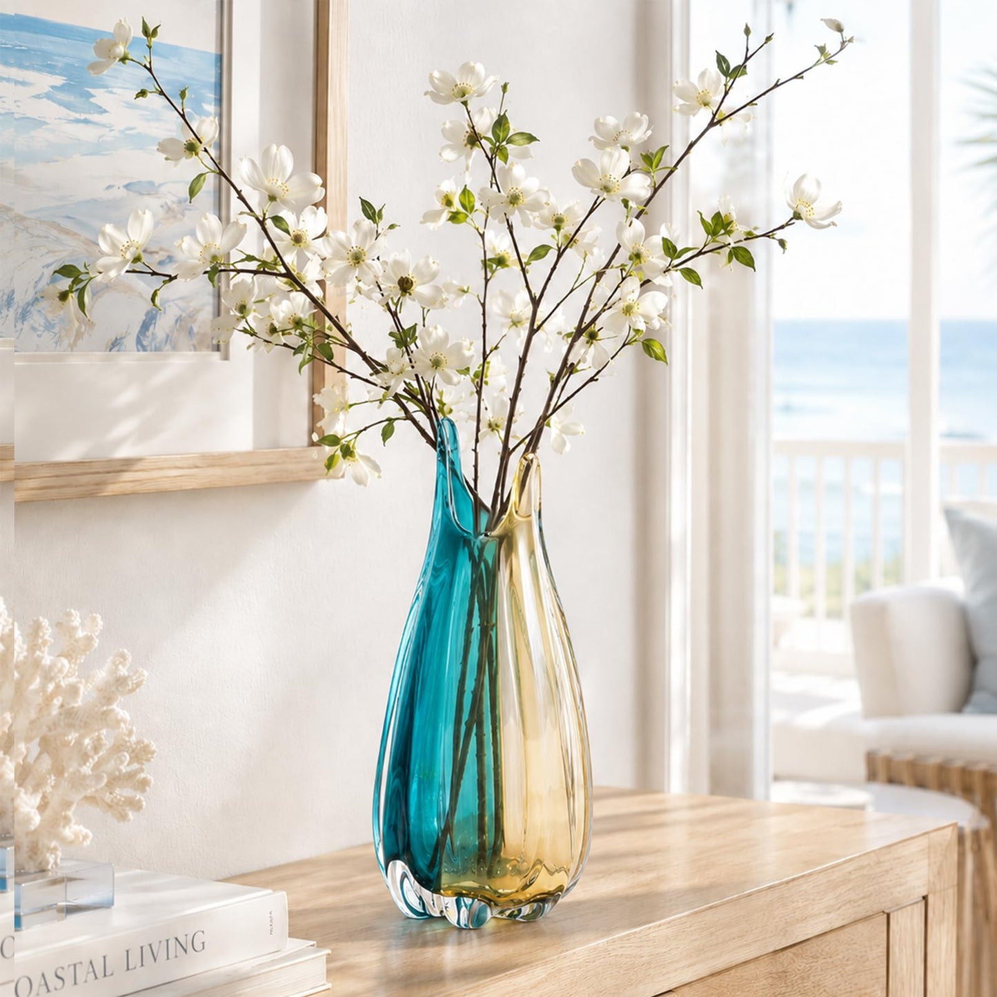 Hand Blown Glass Vase, Medium Wide Mouth Flower Vase Unique Modern Turquoise Glass Art Decor, Nonbreakable Vases for Table Centerpieces Living Room Decorative Amber and Teal Vase