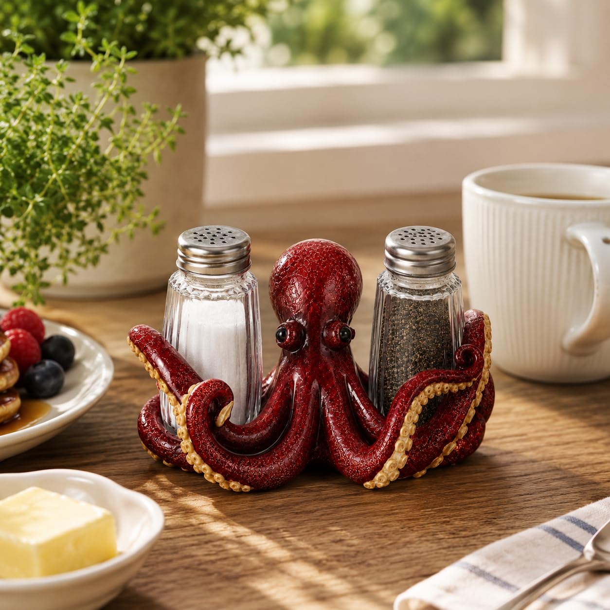 Comfy Hour 6" Red Octopus Salt and Pepper Shaker Duo (Empty Bottle Set Included), Decorative Coastal Ocean Figurine Holder for Kitchen Tabletop, Heavy Duty Resin Stone Texture, 1 Unit