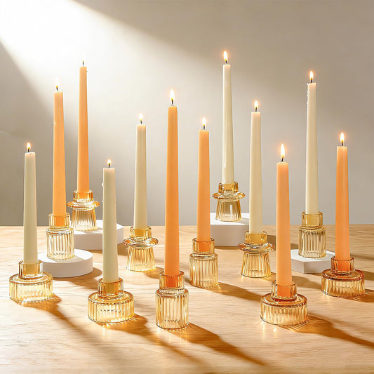 Turvono Vintage Ribbed Amber Glass Candle Holders Set of 12, 3 Assorted Sizes for Pillar, Tealight & Votive Holders, Elegant Glass Candlestick Holders for Table Centerpiece Wedding Christmas Decor