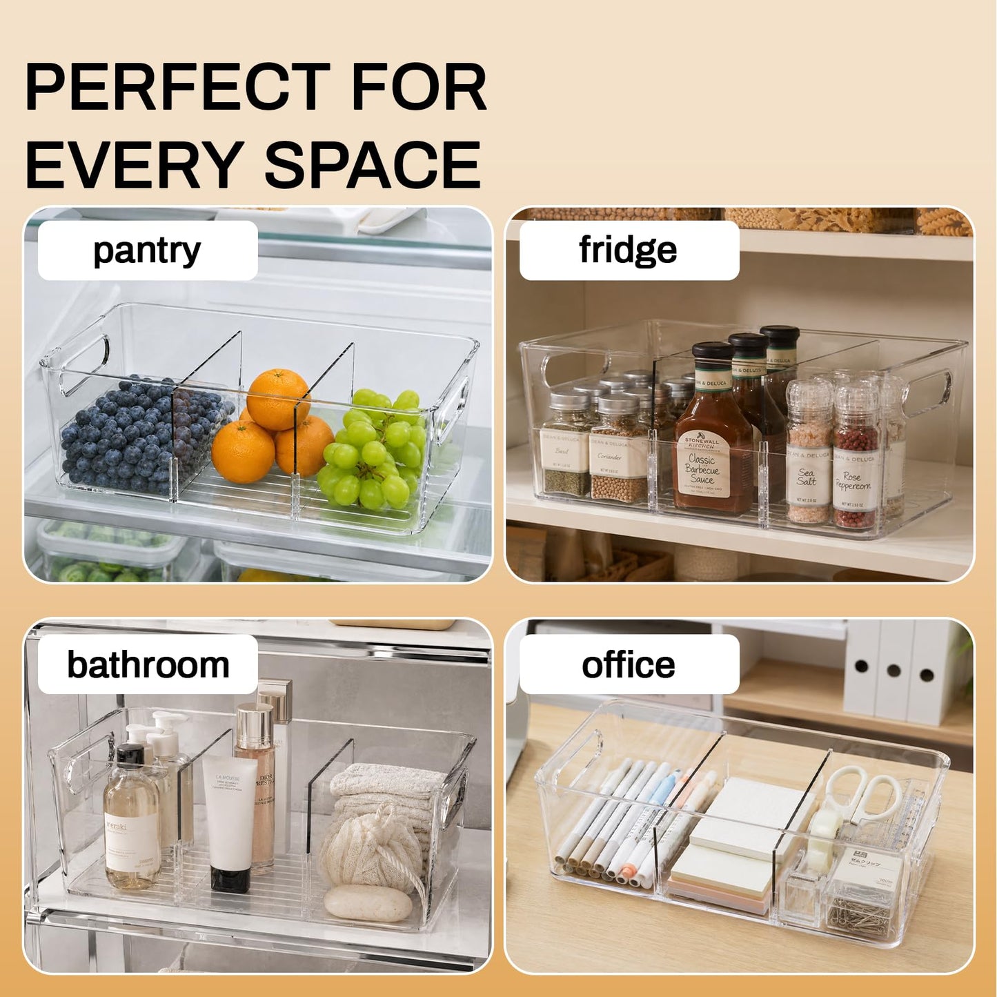 Mpotmiy 6 Pack Pantry Organizers and Storage,Clear Plastic Containers with 2 Dividers for Kitchen,Fridge Organization and Storage,Acrylic Bins for Pounches,Spice Packet,Snack organzier
