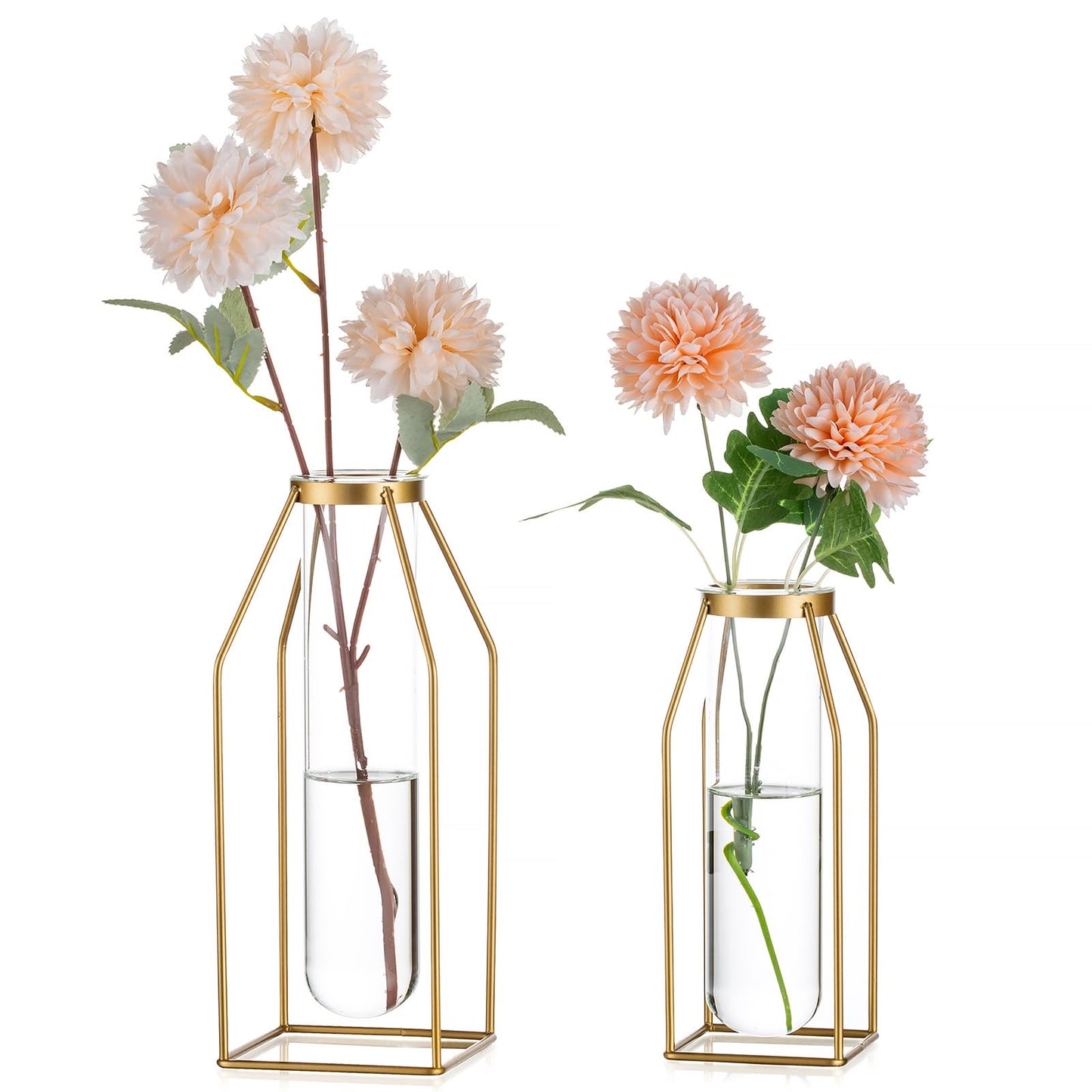 Sziqiqi Metal Flower Vase Table Decor - Gold Frame Vase with Glass Test Tubes 8"/10" Modern Bud Vase for Coffee Table Living Room Abstract Geometric Art Vase for Rose Hydroponic Plant Pampas