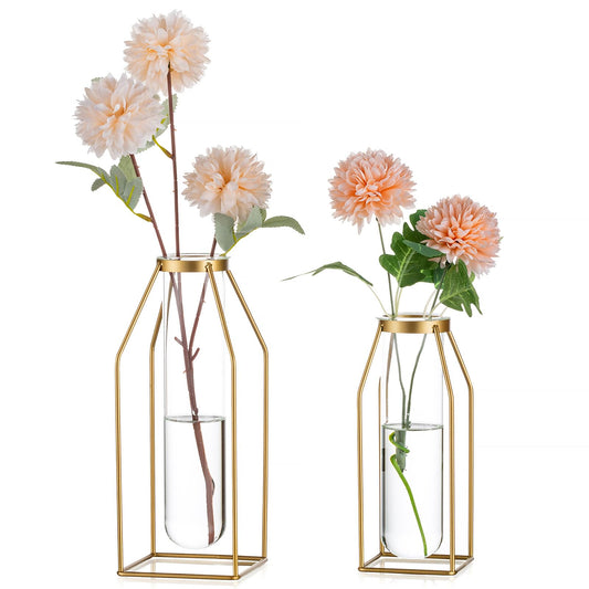 Sziqiqi Metal Flower Vase Table Decor - Gold Frame Vase with Glass Test Tubes 8"/10" Modern Bud Vase for Coffee Table Living Room Abstract Geometric Art Vase for Rose Hydroponic Plant Pampas